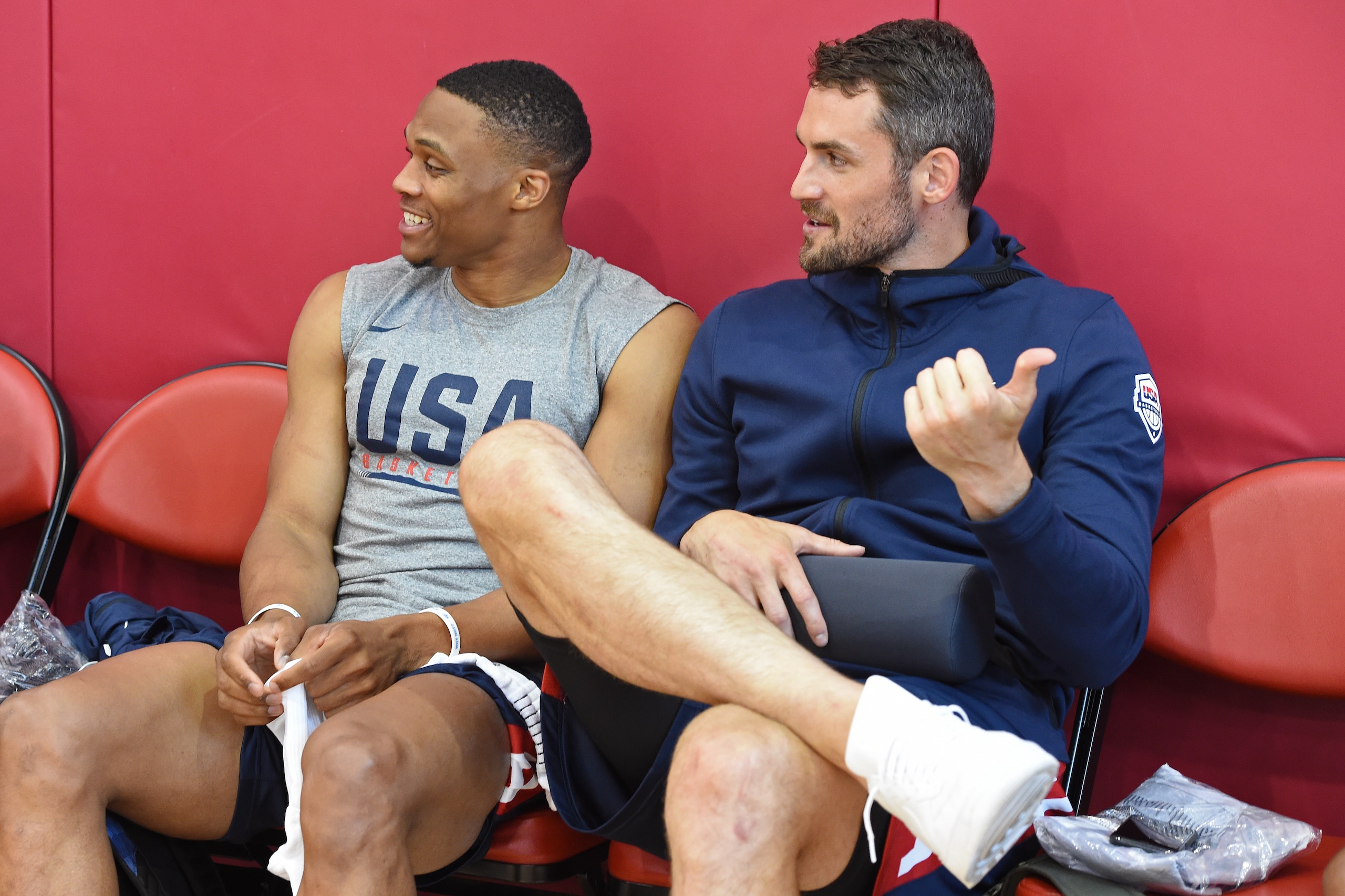 LAS VEGAS, NV - JULY 26: Russell Westbrook and Kevin Love talk before USAB Minicamp Practice at Mendenhall Center on the University of Nevada, Las Vegas campus on July 26, 2018 in Las Vegas, Nevada. NOTE TO USER: User expressly acknowledges and agrees tha LAS VEGAS, NV - JULY 26: Russell Westbrook and Kevin Love talk before USAB Minicamp Practice at Mendenhall Center on the University of Nevada, Las Vegas campus on July 26, 2018 in Las Vegas, Nevada. NOTE TO USER: User expressly acknowledges and agrees tha