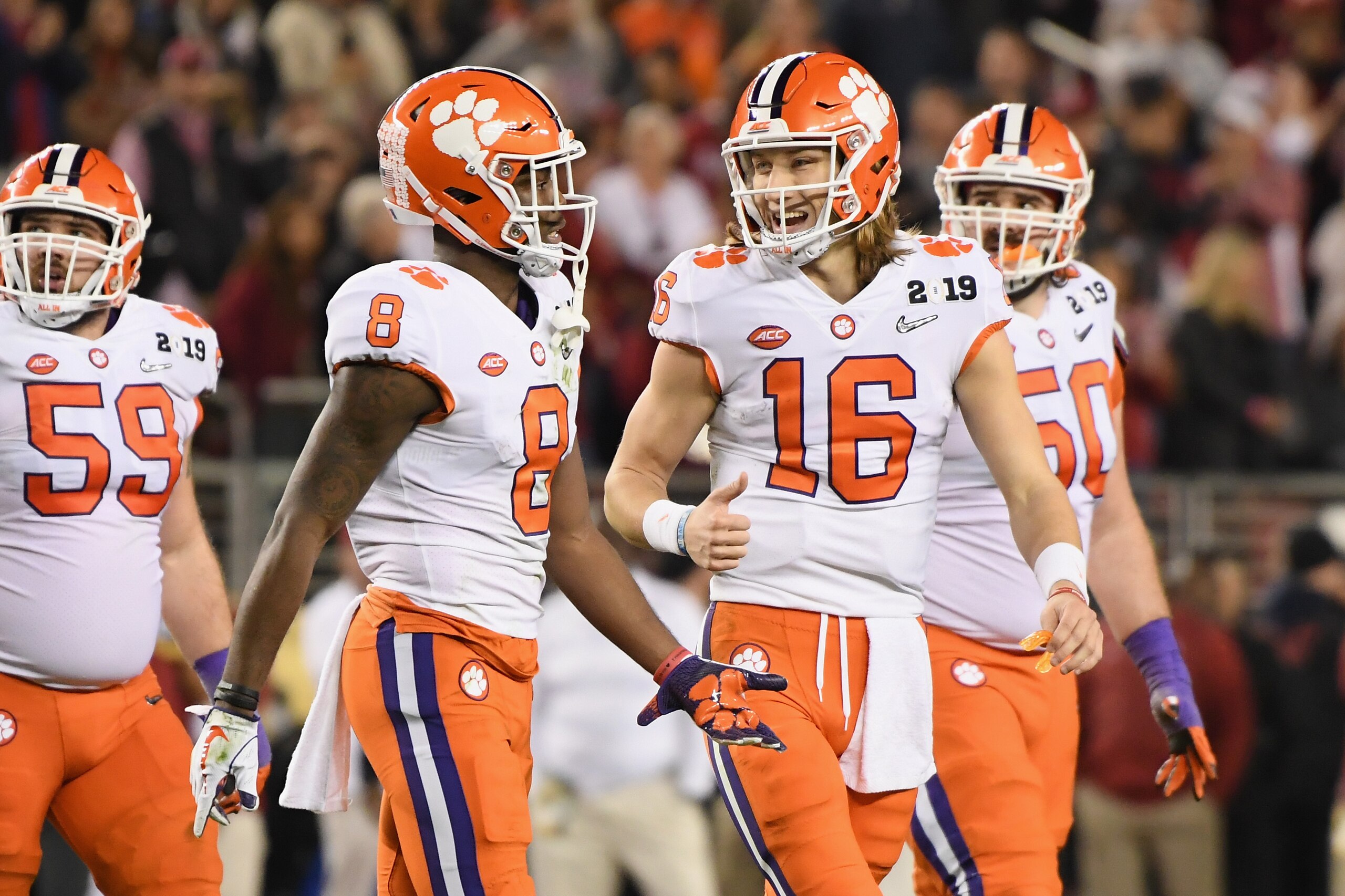 SANTA CLARA, CA - JANUARY 07: Justyn Ross #8 and Trevor Lawrence #16 of the Clemson Tigers react against the Alabama Crimson Tide in the CFP National Championship presented by AT&T at Levi's Stadium on January 7, 2019 in Santa Clara, California. (Photo SANTA CLARA, CA - JANUARY 07: Justyn Ross #8 and Trevor Lawrence #16 of the Clemson Tigers react against the Alabama Crimson Tide in the CFP National Championship presented by AT&T at Levi's Stadium on January 7, 2019 in Santa Clara, California. (Photo