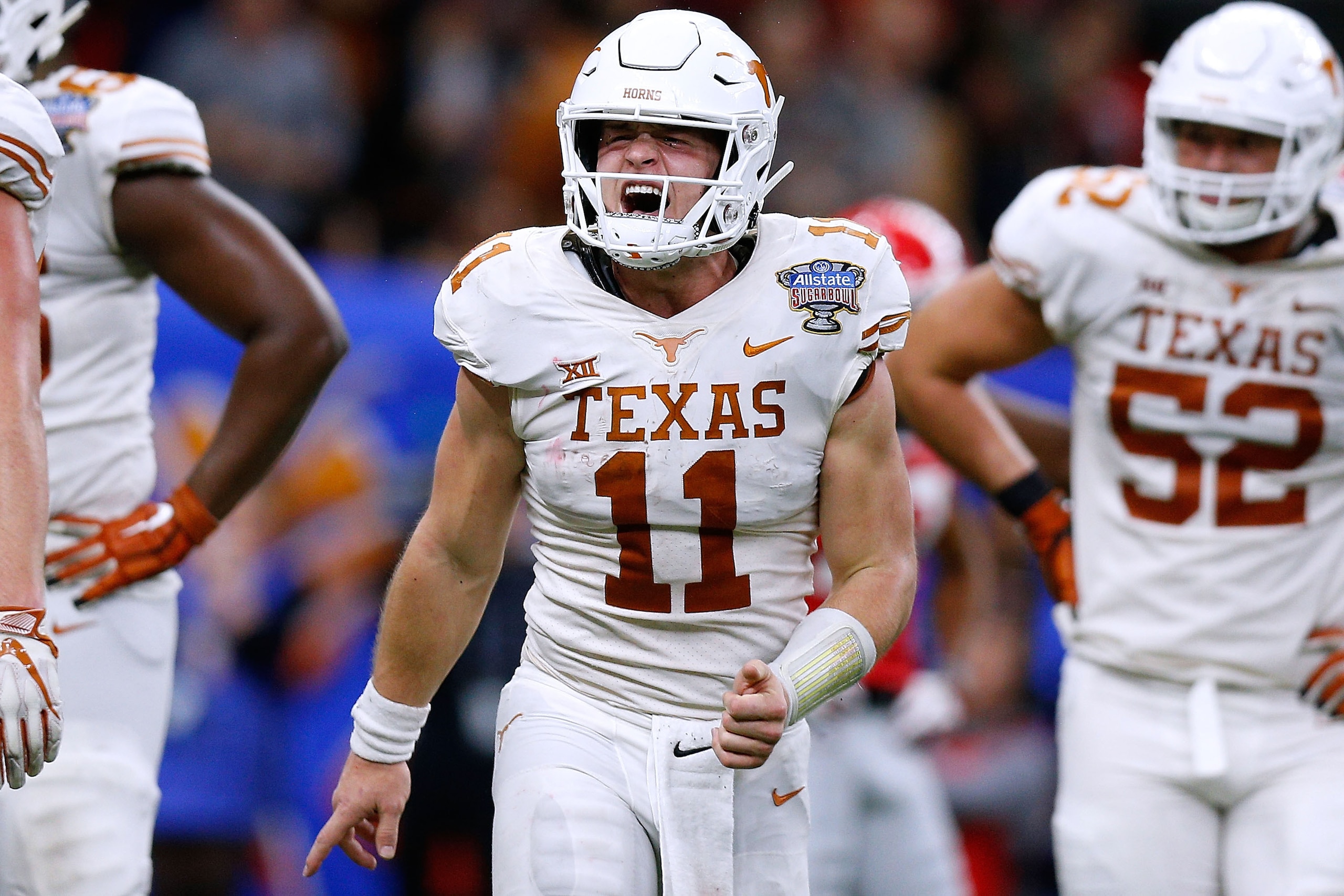 NEW ORLEANS, LOUISIANA - JANUARY 01: Sam Ehlinger #11 of the Texas Longhorns reacts during the Allstate Sugar Bowl after the game at the Mercedes-Benz Superdome on January 01, 2019 in New Orleans, Louisiana. (Photo by Jonathan Bachman/Getty Images) NEW ORLEANS, LOUISIANA - JANUARY 01: Sam Ehlinger #11 of the Texas Longhorns reacts during the Allstate Sugar Bowl after the game at the Mercedes-Benz Superdome on January 01, 2019 in New Orleans, Louisiana. (Photo by Jonathan Bachman/Getty Images)