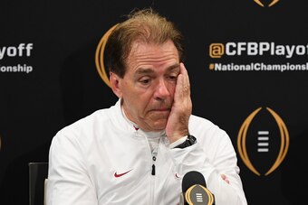 SANTA CLARA, CA - JANUARY 07:  Head coach Nick Saban of the Alabama Crimson Tide reacts during the press conference after his teams 44-16 loss to the Clemson Tigers in the CFP National Championship presented by AT&T at Levi's Stadium on January 7, 2019 in