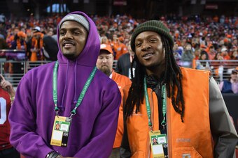 SANTA CLARA, CA - JANUARY 07:  Deshaun Watson and DeAndre Hopkins of the Houston Texans look on prior to the CFP National Championship between the Alabama Crimson Tide and the Clemson Tigers presented by AT&T at Levi's Stadium on January 7, 2019 in Santa 
