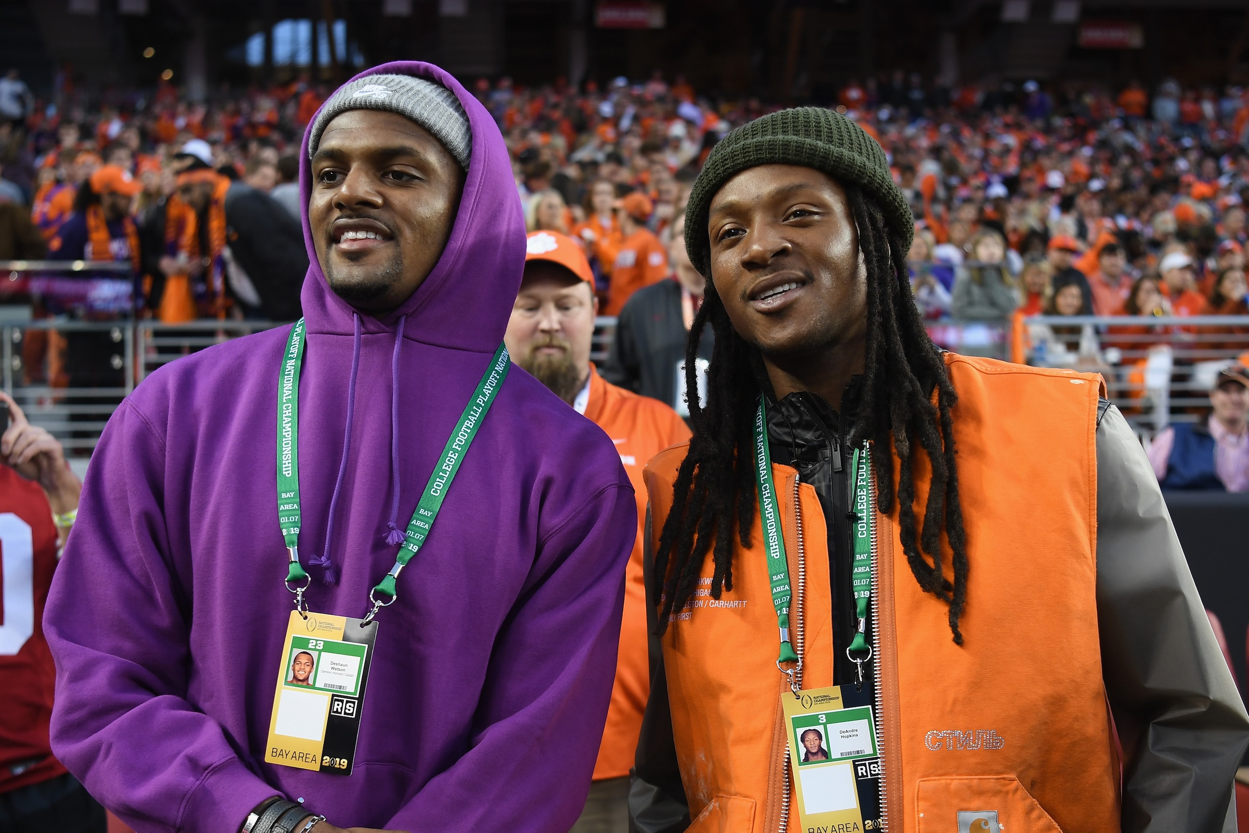 SANTA CLARA, CA - JANUARY 07:  Deshaun Watson and DeAndre Hopkins of the Houston Texans look on prior to the CFP National Championship between the Alabama Crimson Tide and the Clemson Tigers presented by AT&T at Levi's Stadium on January 7, 2019 in Santa 