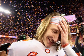 SANTA CLARA, CA - JANUARY 07:  Trevor Lawrence #16 of the Clemson Tigers reacts after his teams 44-16 win over the Alabama Crimson Tide in the CFP National Championship presented by AT&T at Levi's Stadium on January 7, 2019 in Santa Clara, California.  (P
