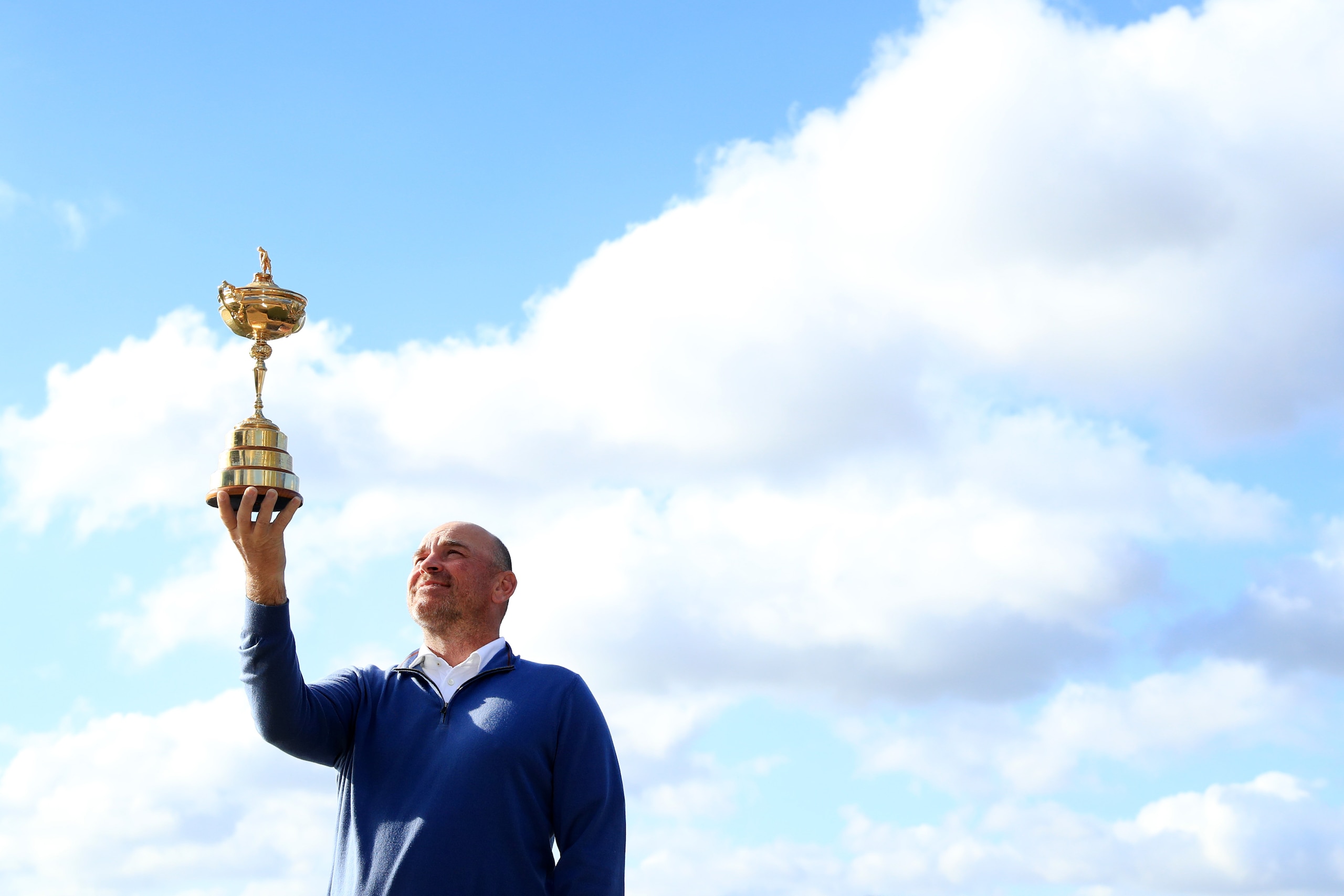 PARIS, FRANCE - OCTOBER 01:  Captain Thomas Bjorn of Europe pose for a photo with The Ryder Cup during a press conference following Europe's win in the 2018 Ryder Cup at Le Golf National on October 1, 2018 in Paris, France.  (Photo by Andrew Redington/Get