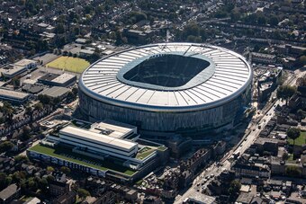 LONDON, ENGLAND. OCTOBER 2018. Aerial view of the new home stadium of Tottenham Hotspur football club on October 9th 2018. This state-of-the-art stadium is located 7 miles north of the city of London, between High Road and Worcester Avenue in the Borough 