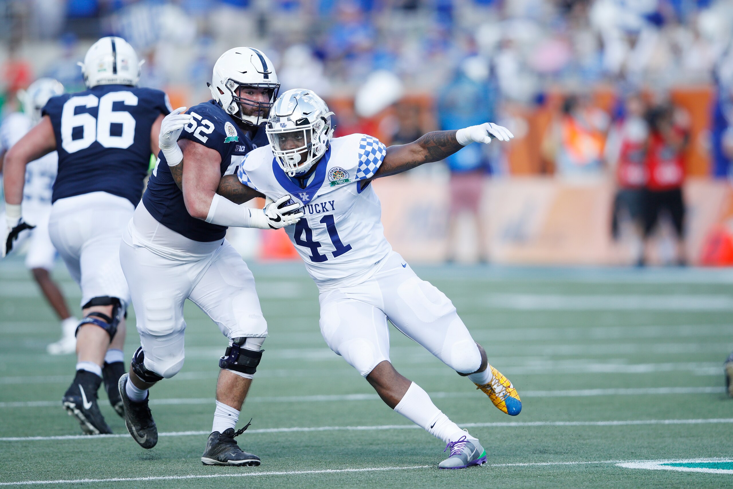 ORLANDO, FL - JANUARY 01: Josh Allen #41 of the Kentucky Wildcats in action against the Penn State Nittany Lions during the VRBO Citrus Bowl at Camping World Stadium on January 1, 2019 in Orlando, Florida. Kentucky won 27-24. (Photo by Joe Robbins/Getty I
