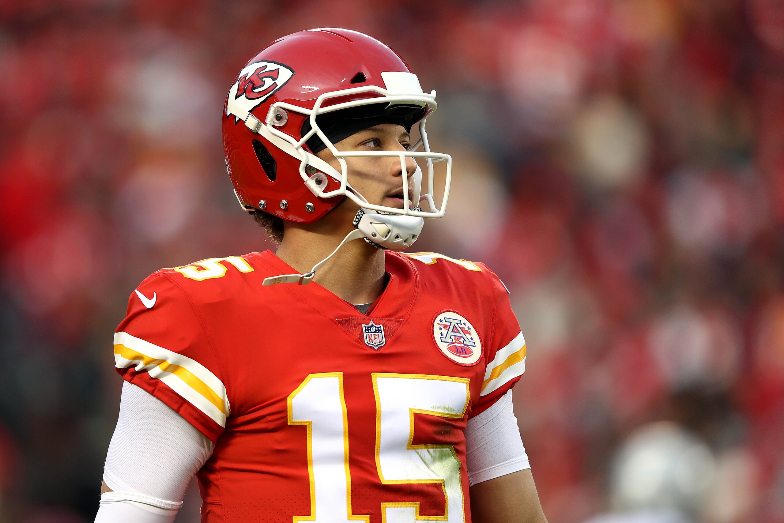 KANSAS CITY, MISSOURI - DECEMBER 30:  Quarterback Patrick Mahomes #15 of the Kansas City Chiefs in action during the game against the Oakland Raiders at Arrowhead Stadium on December 30, 2018 in Kansas City, Missouri. (Photo by Jamie Squire/Getty Images)