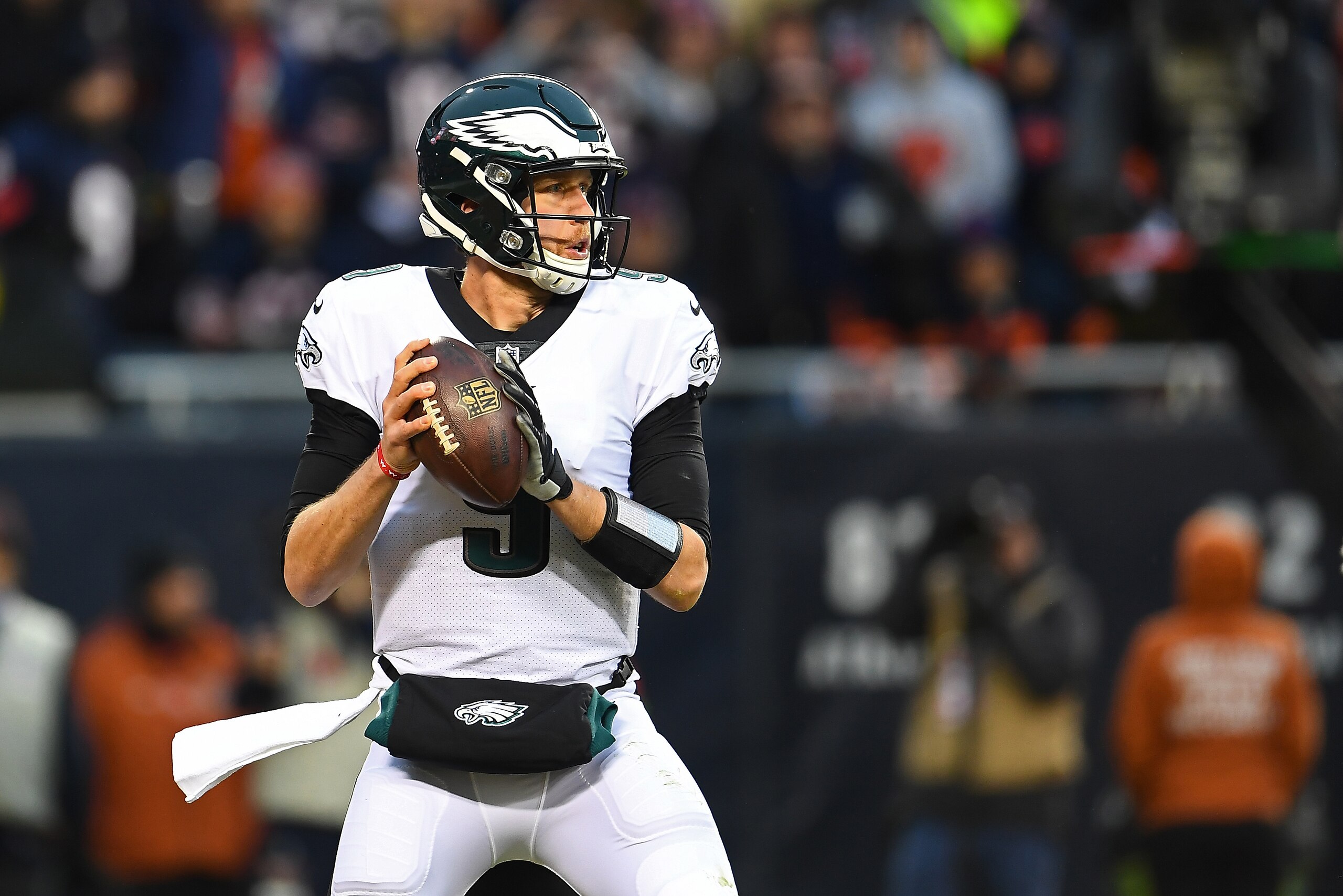 CHICAGO, ILLINOIS - JANUARY 06:  Nick Foles #9 of the Philadelphia Eagles looks to pass during the NFC Wild Card Playoff game against the Chicago Bears at Soldier Field on January 06, 2019 in Chicago, Illinois.  The Eagles defeated the Bears 16-15. (Photo