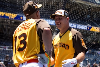 SAN DIEGO, CA - JULY 12: American League All-Star Mike Trout #27 of the Los Angeles Angels talks with Manny Machado #13 of the Baltimore Orioles during the 87th MLB All-Star Game at Petco Park on Tuesday, July 12, 2016 in San Diego, California. (Photo by 