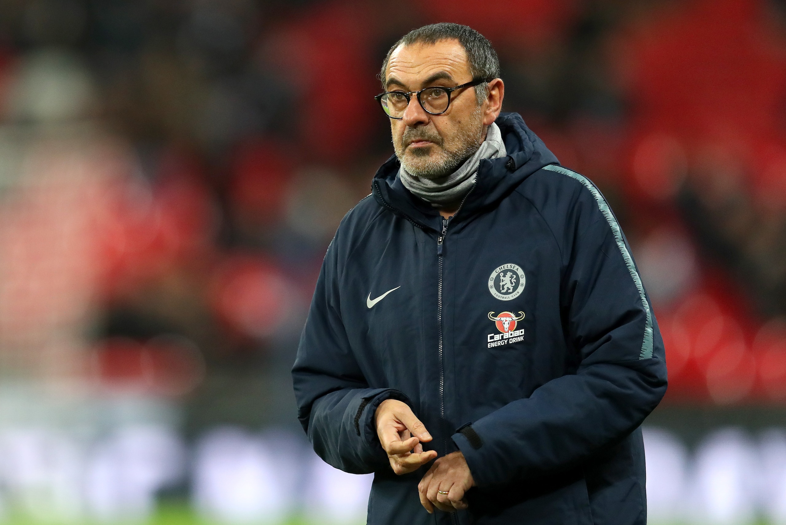 LONDON, ENGLAND - JANUARY 08: Maurizio Sarri, Manager of Chelsea looks on prior to the Carabao Cup Semi-Final First Leg match between Tottenham Hotspur and Chelsea at Wembley Stadium on January 8, 2019 in London, England. (Photo by Catherine Ivill/Getty LONDON, ENGLAND - JANUARY 08: Maurizio Sarri, Manager of Chelsea looks on prior to the Carabao Cup Semi-Final First Leg match between Tottenham Hotspur and Chelsea at Wembley Stadium on January 8, 2019 in London, England. (Photo by Catherine Ivill/Getty