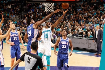 CHARLOTTE, NC - NOVEMBER 17:  Kemba Walker #15 of the Charlotte Hornets shoots the ball against the Philadelphia 76ers on November 17, 2018 at Spectrum Center in Charlotte, North Carolina. NOTE TO USER: User expressly acknowledges and agrees that, by down