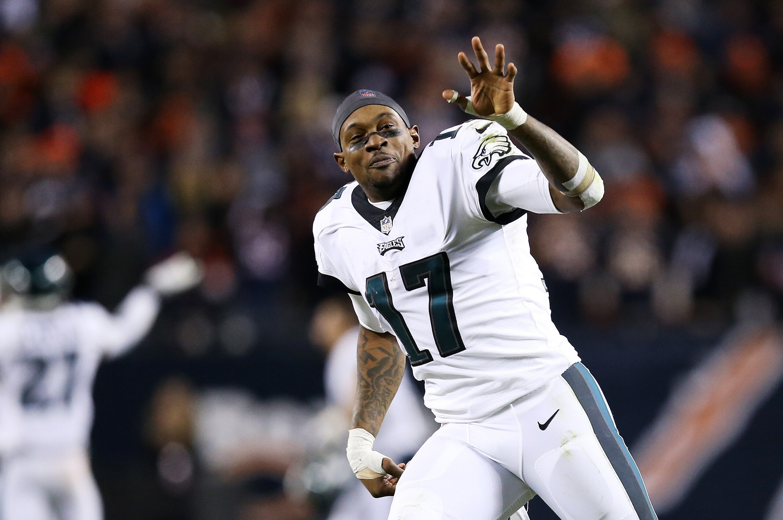 CHICAGO, ILLINOIS - JANUARY 06:  Alshon Jeffery #17 of the Philadelphia Eagles celebrates their 16 to 15 win over the Chicago Bears in the NFC Wild Card Playoff game at Soldier Field on January 06, 2019 in Chicago, Illinois. (Photo by Dylan Buell/Getty Im