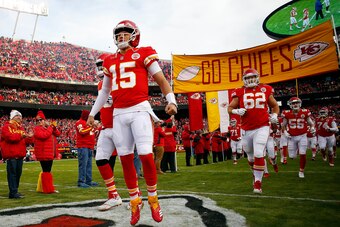 KANSAS CITY, MISSOURI - DECEMBER 30:  Quarterback Patrick Mahomes #15 of the Kansas City Chiefs during player introductions prior to the game against the Oakland Raiders at Arrowhead Stadium on December 30, 2018 in Kansas City, Missouri. (Photo by Jamie S