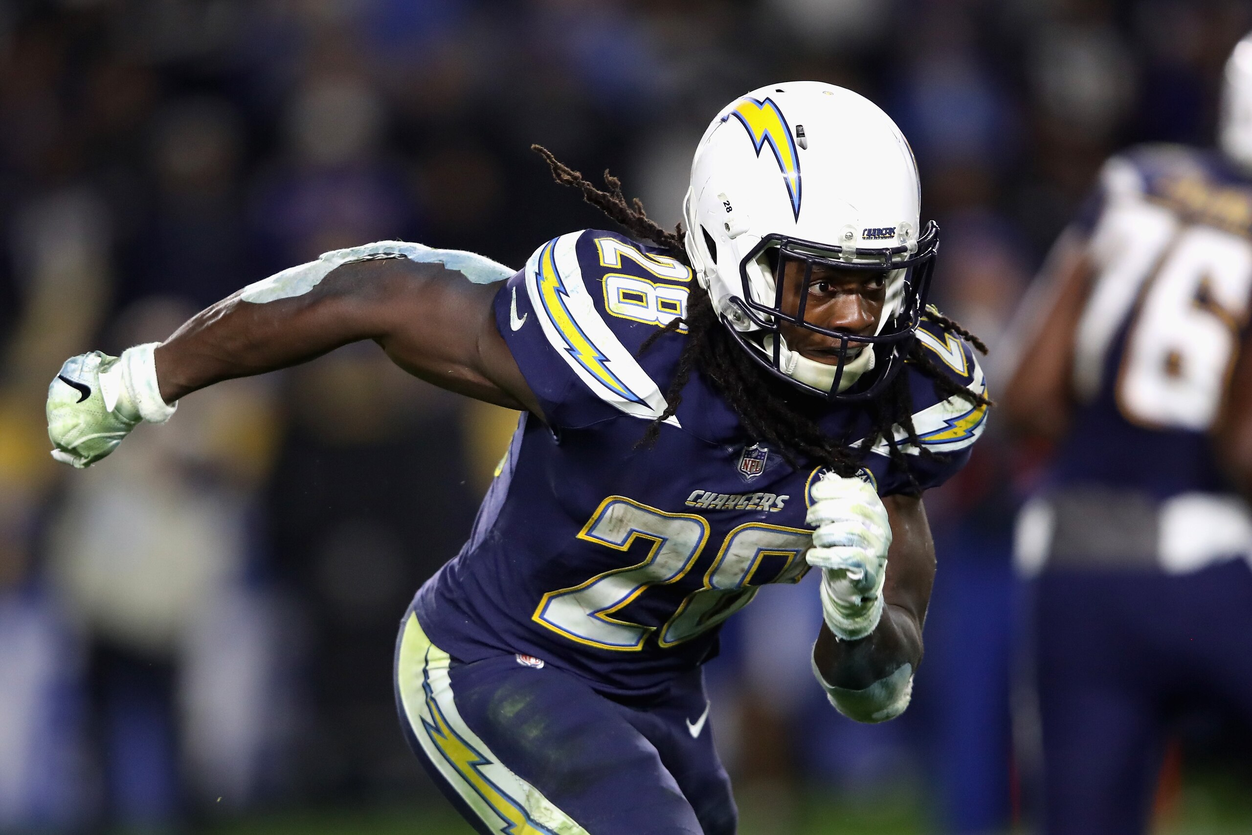 CARSON, CA - DECEMBER 22:  Melvin Gordon #28 of the Los Angeles Chargers runs on a pass play during the second half of a game against the Baltimore Ravens at StubHub Center on December 22, 2018 in Carson, California.  (Photo by Sean M. Haffey/Getty Images