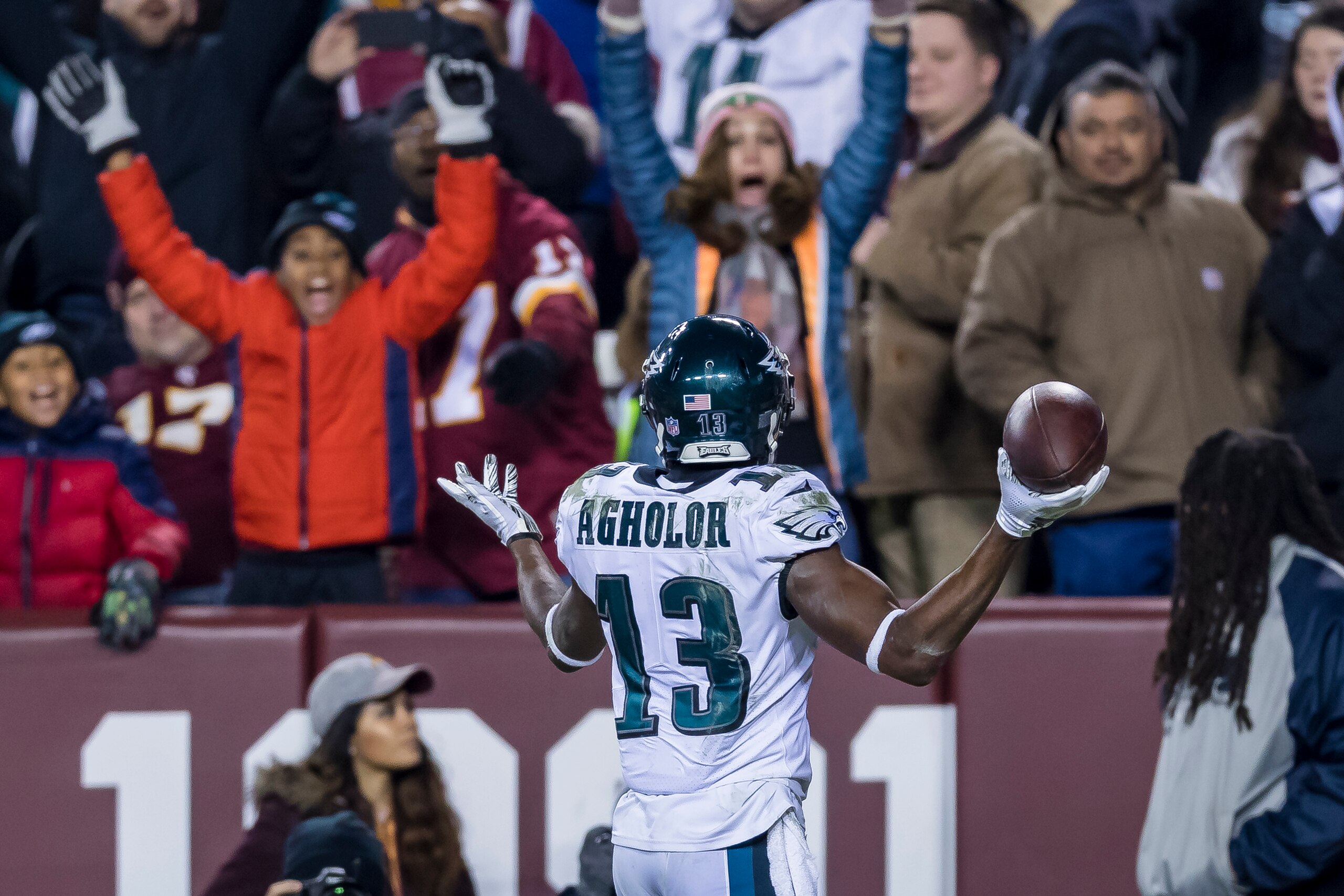 LANDOVER, MD - DECEMBER 30: Nelson Agholor #13 of the Philadelphia Eagles reacts after scoring a touchdown against the Washington Redskins during the second half at FedExField on December 30, 2018 in Landover, Maryland. (Photo by Scott Taetsch/Getty Image LANDOVER, MD - DECEMBER 30: Nelson Agholor #13 of the Philadelphia Eagles reacts after scoring a touchdown against the Washington Redskins during the second half at FedExField on December 30, 2018 in Landover, Maryland. (Photo by Scott Taetsch/Getty Image