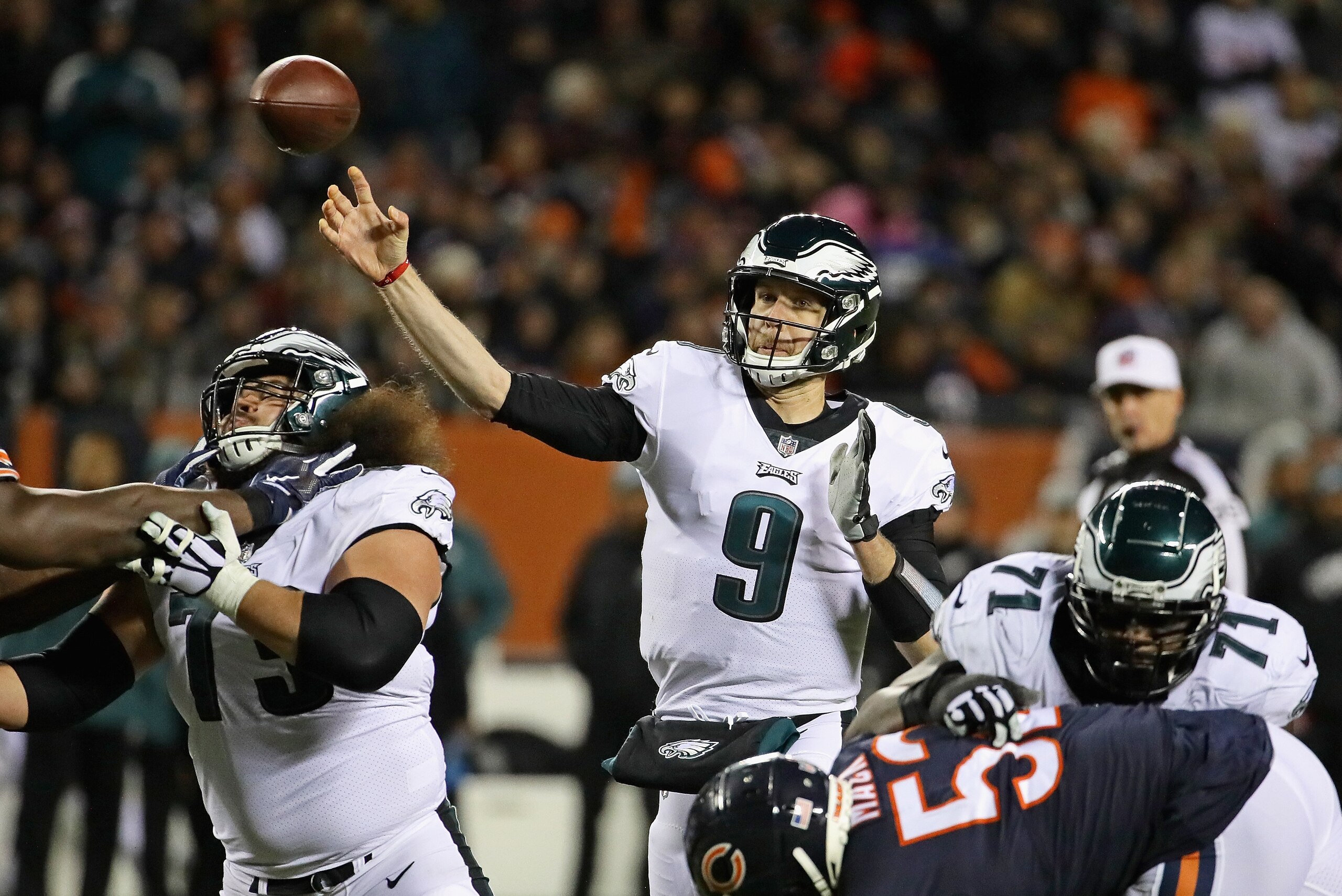CHICAGO, IL - JANUARY 06: Nick Foles #9 of the Philadelphia Eagles passes against the Chicago Bears during an NFC Wild Card playoff game at Soldier Field on January 6, 2019 in Chicago, Illinois. The Eagles defeated the Bears 16-15. (Photo by Jonathan Da CHICAGO, IL - JANUARY 06: Nick Foles #9 of the Philadelphia Eagles passes against the Chicago Bears during an NFC Wild Card playoff game at Soldier Field on January 6, 2019 in Chicago, Illinois. The Eagles defeated the Bears 16-15. (Photo by Jonathan Da