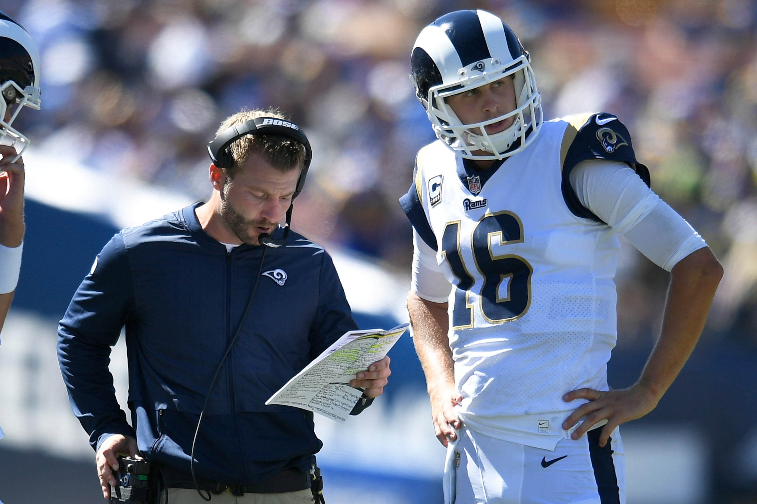 LOS ANGELES, CA - SEPTEMBER 16: Head coach Sean McVay of the Los Angeles Rams with quarterbacks Sean Mannion #14 and Jared Goff #16  at Los Angeles Memorial Coliseum on September 16, 2018 in Los Angeles, California. (Photo by John McCoy/Getty Images)