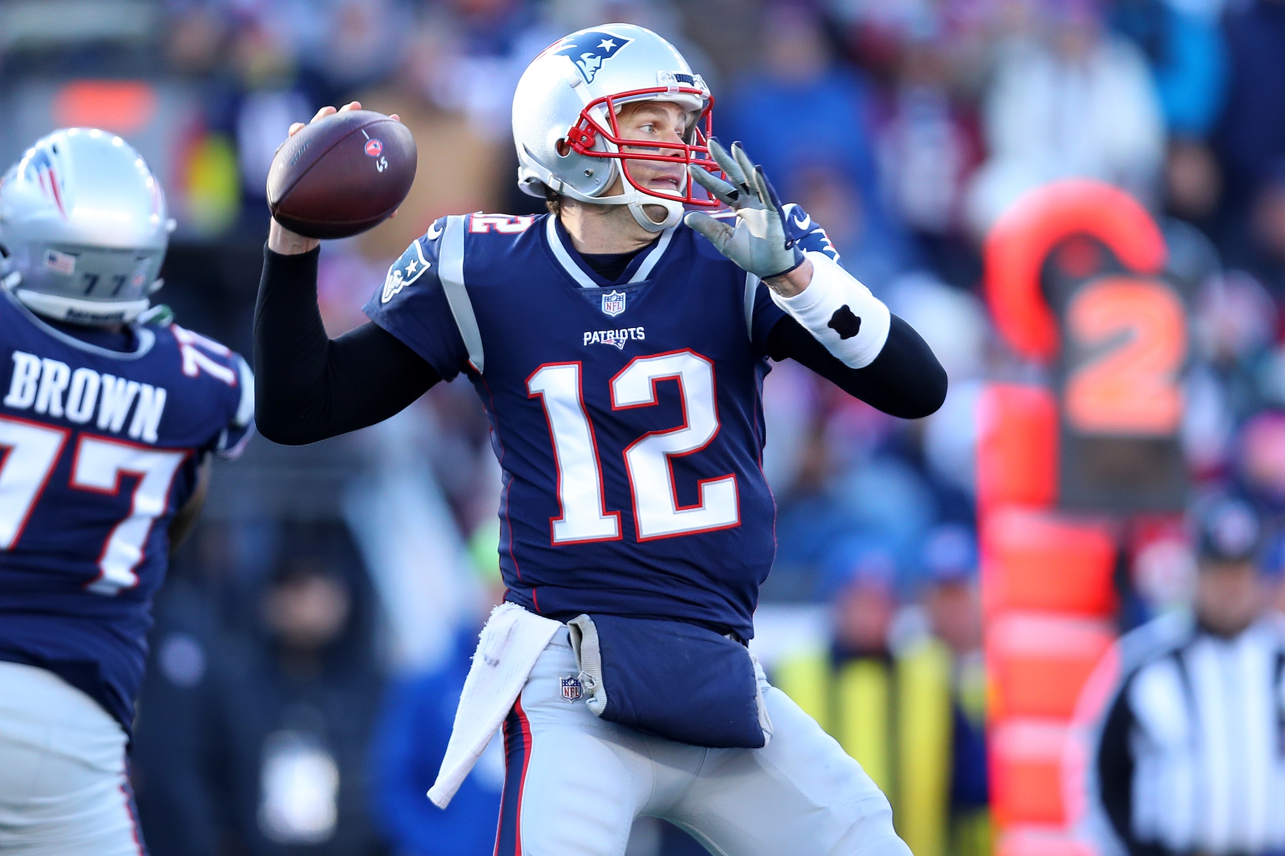FOXBOROUGH, MASSACHUSETTS - DECEMBER 30: Tom Brady #12 of the New England Patriots makes a pass during the game against the New York Jets at Gillette Stadium on December 30, 2018 in Foxborough, Massachusetts. (Photo by Maddie Meyer/Getty Images)