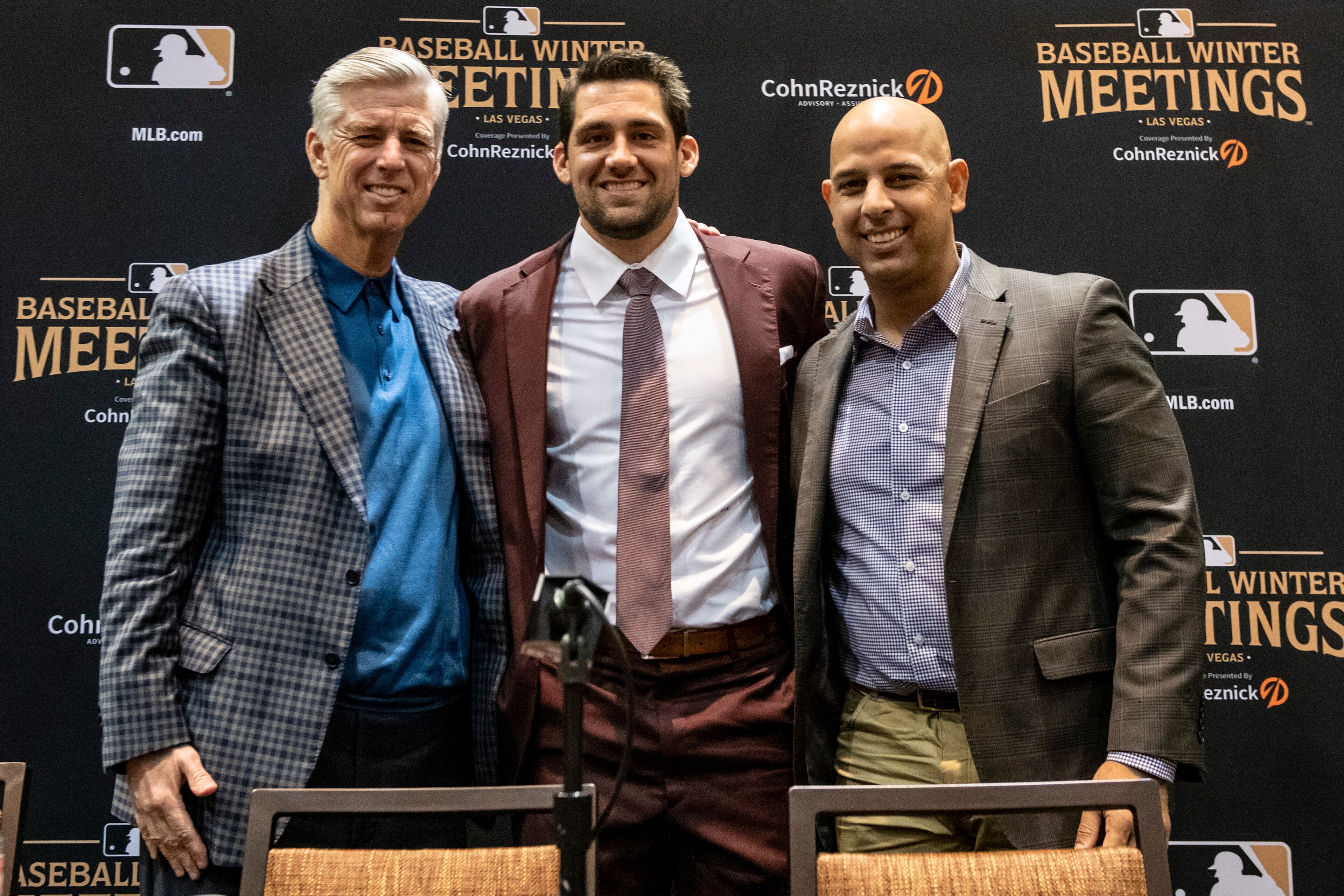 LAS VEGAS, NV - DECEMBER 10: President of Baseball Operations Dave Dombrowski, Nathan Eovaldi #17 of the Boston Red Sox and manager Alex Cora of the Boston Red Sox pose for a photograph during a press conference announcing Eovaldi's contract extension at LAS VEGAS, NV - DECEMBER 10: President of Baseball Operations Dave Dombrowski, Nathan Eovaldi #17 of the Boston Red Sox and manager Alex Cora of the Boston Red Sox pose for a photograph during a press conference announcing Eovaldi's contract extension at