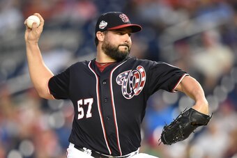 WASHINGTON, DC - AUGUST 31:  Tanner Roark #57 of the Washington Nationals pitches during a baseball game against the Milwaukee Brewers at Nationals Park on August 31, 2018 in Washington, DC.  (Photo by Mitchell Layton/Getty Images)