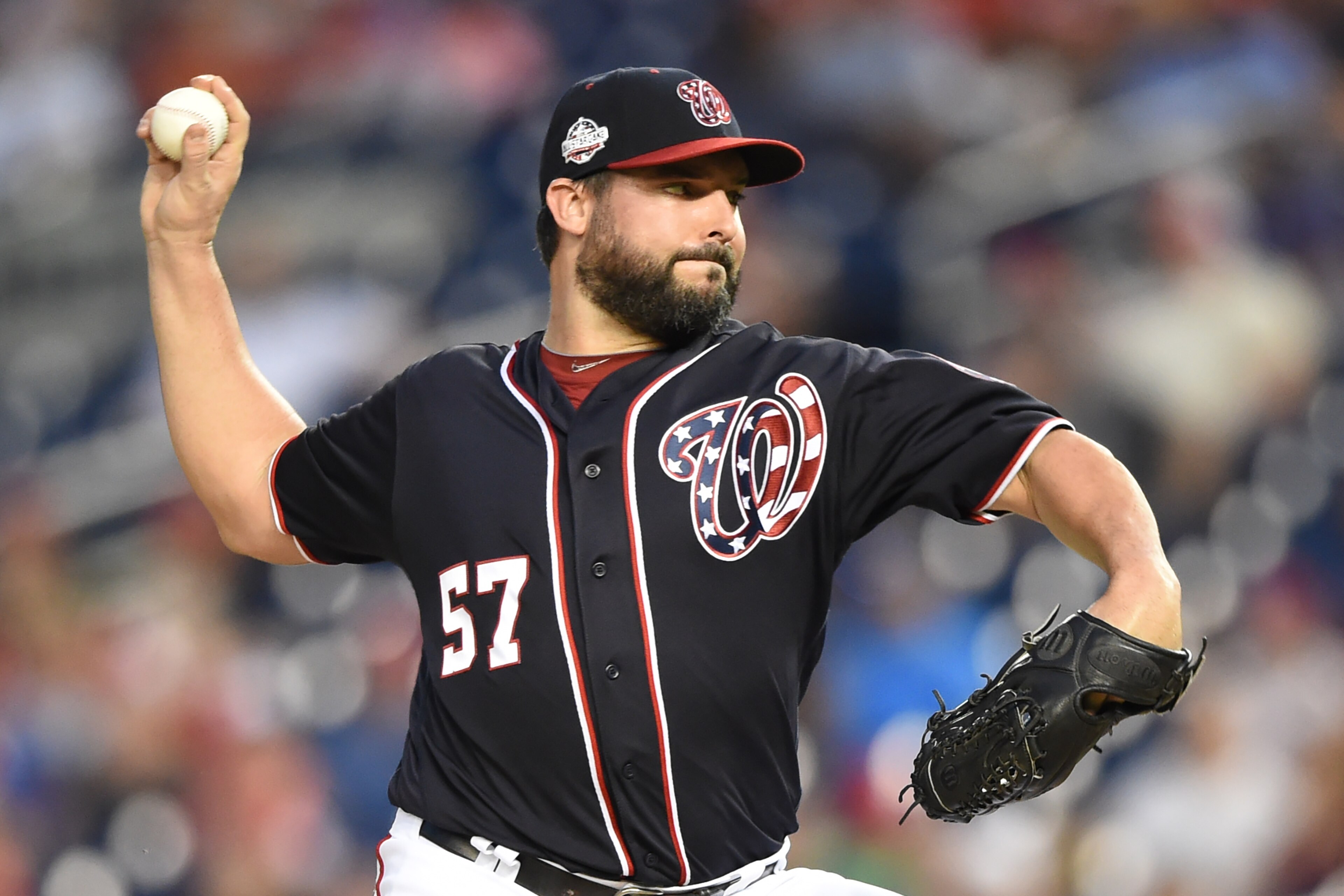 WASHINGTON, DC - AUGUST 31: Tanner Roark #57 of the Washington Nationals pitches during a baseball game against the Milwaukee Brewers at Nationals Park on August 31, 2018 in Washington, DC. (Photo by Mitchell Layton/Getty Images) WASHINGTON, DC - AUGUST 31: Tanner Roark #57 of the Washington Nationals pitches during a baseball game against the Milwaukee Brewers at Nationals Park on August 31, 2018 in Washington, DC. (Photo by Mitchell Layton/Getty Images)