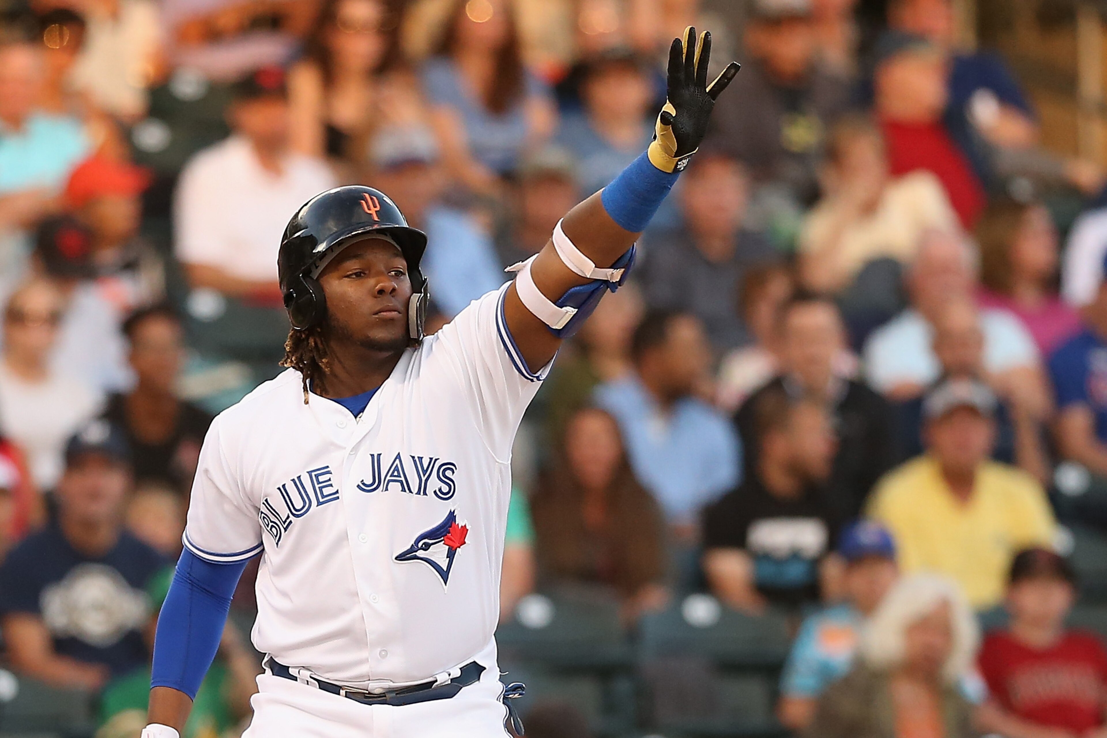 SURPRISE, AZ - NOVEMBER 03: AFL West All-Star, Vladimir Guerrero Jr #27 of the Toronto Blue Jays bats during the Arizona Fall League All Star Game at Surprise Stadium on November 3, 2018 in Surprise, Arizona. (Photo by Christian Petersen/Getty Images) SURPRISE, AZ - NOVEMBER 03: AFL West All-Star, Vladimir Guerrero Jr #27 of the Toronto Blue Jays bats during the Arizona Fall League All Star Game at Surprise Stadium on November 3, 2018 in Surprise, Arizona. (Photo by Christian Petersen/Getty Images)