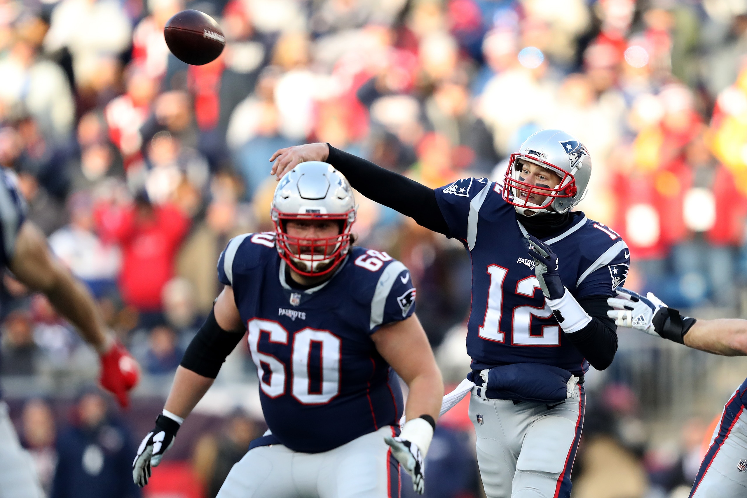 FOXBOROUGH, MASSACHUSETTS - JANUARY 13: Tom Brady #12 of the New England Patriots throws during the second quarter in the AFC Divisional Playoff Game against the Los Angeles Chargers at Gillette Stadium on January 13, 2019 in Foxborough, Massachusetts. (P FOXBOROUGH, MASSACHUSETTS - JANUARY 13: Tom Brady #12 of the New England Patriots throws during the second quarter in the AFC Divisional Playoff Game against the Los Angeles Chargers at Gillette Stadium on January 13, 2019 in Foxborough, Massachusetts. (P