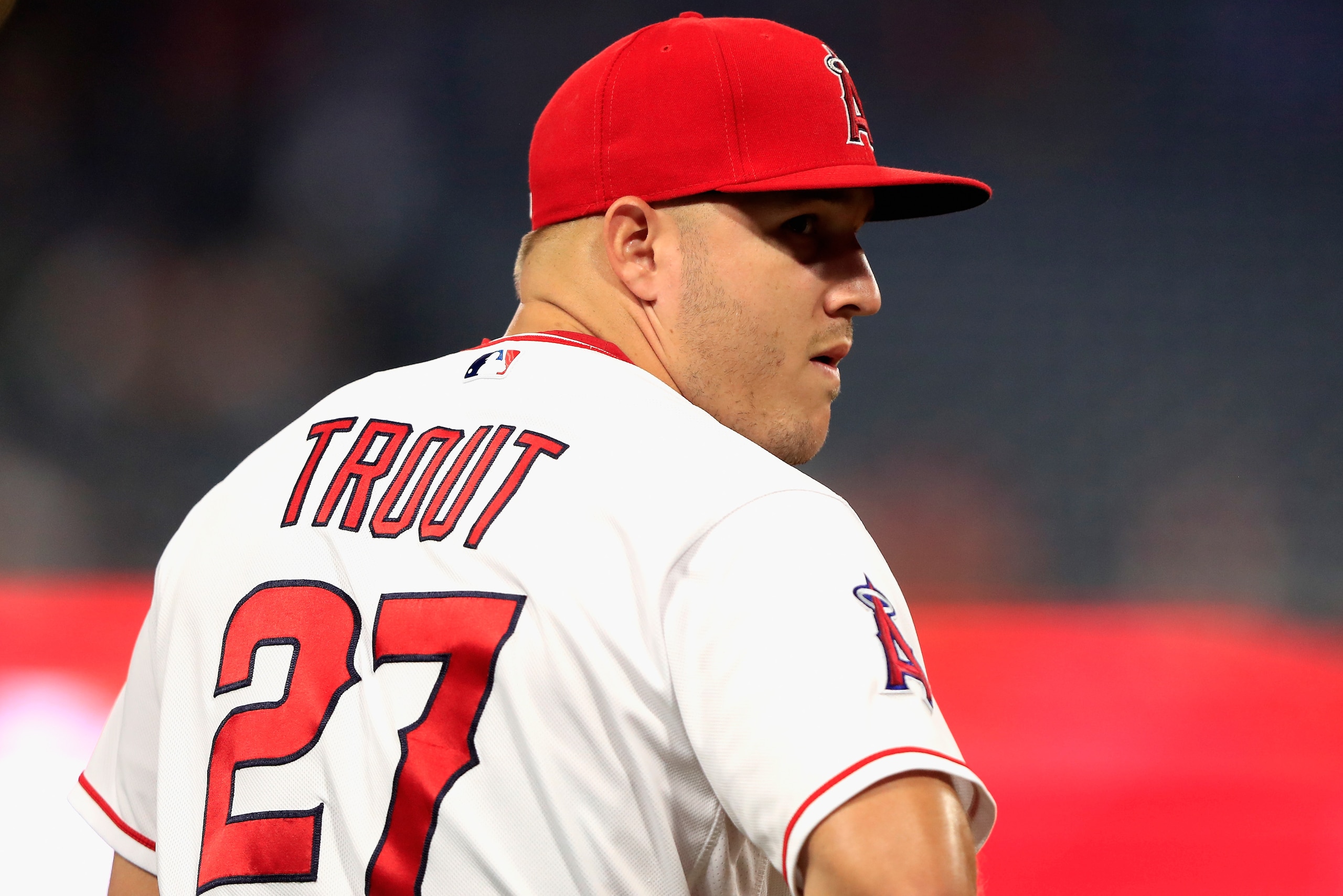 ANAHEIM, CA - SEPTEMBER 25: Mike Trout #27 of the Los Angeles Angels of Anaheim looks on prior to a game against the Texas Rangers at Angel Stadium on September 25, 2018 in Anaheim, California. (Photo by Sean M. Haffey/Getty Images) ANAHEIM, CA - SEPTEMBER 25: Mike Trout #27 of the Los Angeles Angels of Anaheim looks on prior to a game against the Texas Rangers at Angel Stadium on September 25, 2018 in Anaheim, California. (Photo by Sean M. Haffey/Getty Images)