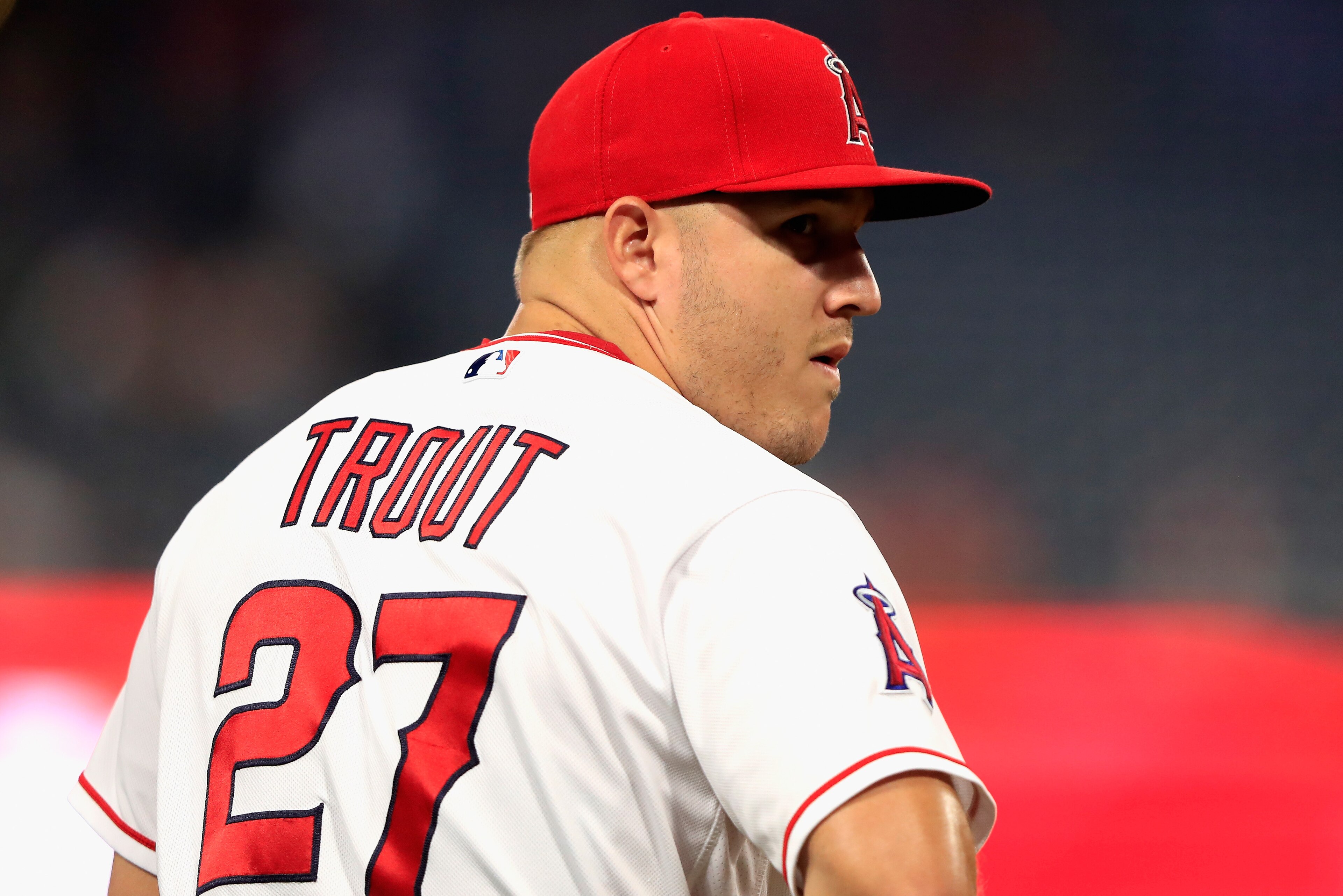 ANAHEIM, CA - SEPTEMBER 25: Mike Trout #27 of the Los Angeles Angels of Anaheim  looks on prior to a game against the Texas Rangers at Angel Stadium on September 25, 2018 in Anaheim, California.  (Photo by Sean M. Haffey/Getty Images)