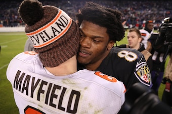 BALTIMORE, MARYLAND - DECEMBER 30: Quarterback Lamar Jackson #8 of the Baltimore Ravens hugs quarterback Baker Mayfield #6 of the Cleveland Browns after the Baltimore Ravens 26-24 win over Cleveland Browns at M&T Bank Stadium on December 30, 2018 in Balti