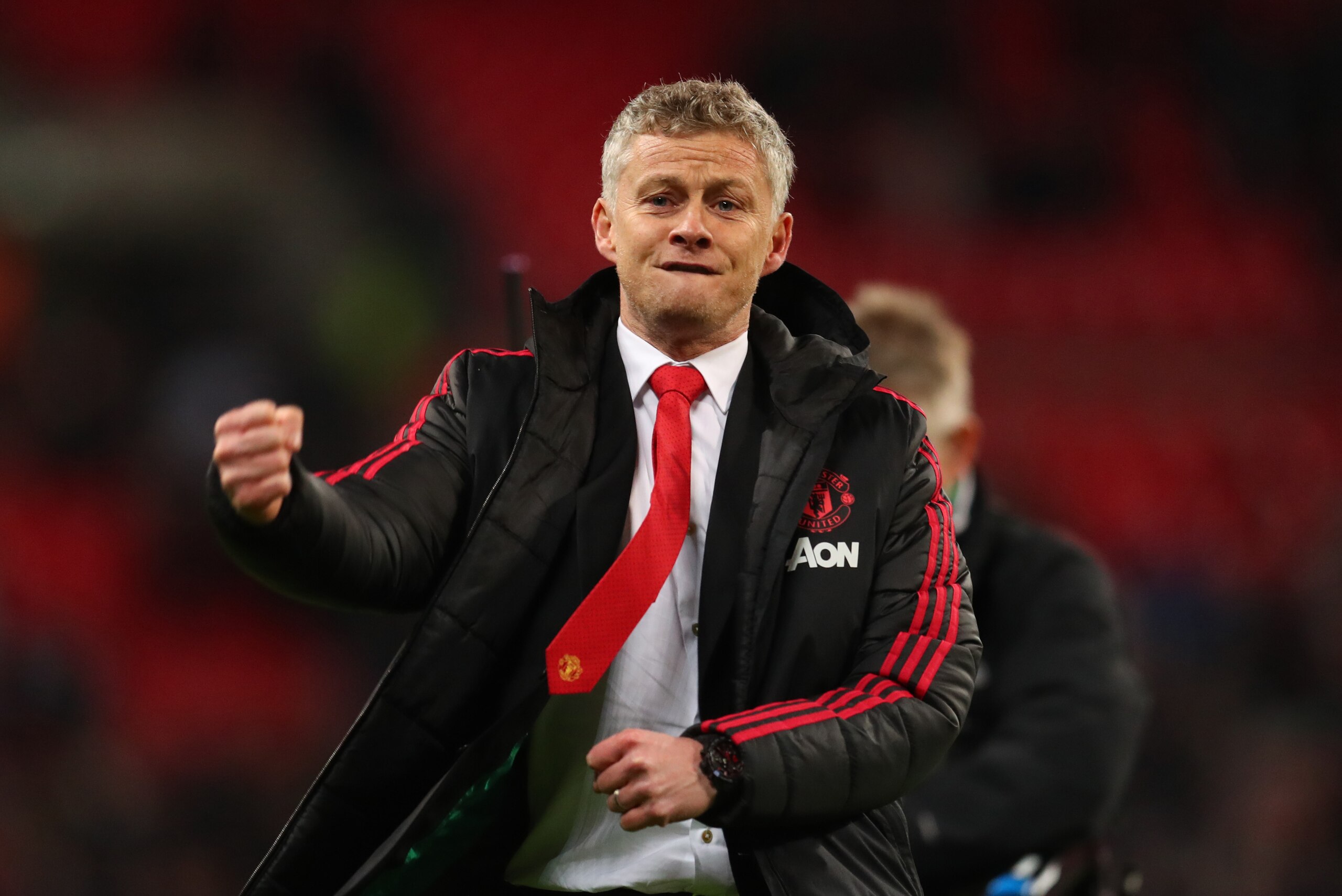 LONDON, ENGLAND - JANUARY 13: Ole Gunnar Solskjaer, Interim Manager of Manchester United celebrates victory after the Premier League match between Tottenham Hotspur and Manchester United at Wembley Stadium on January 13, 2019 in London, United Kingdom. (P LONDON, ENGLAND - JANUARY 13: Ole Gunnar Solskjaer, Interim Manager of Manchester United celebrates victory after the Premier League match between Tottenham Hotspur and Manchester United at Wembley Stadium on January 13, 2019 in London, United Kingdom. (P