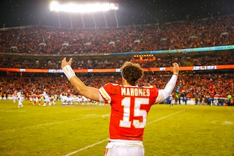 KANSAS CITY, MO - JANUARY 12: Quarterback Patrick Mahomes #15 of the Kansas City Chiefs reacts to the imminent victory by the Chiefs over the Indianapolis Colts in the AFC Divisional Playoff at Arrowhead Stadium on January 12, 2019 in Kansas City, Missour