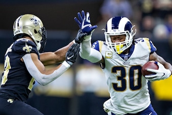 NEW ORLEANS, LA - NOVEMBER 4:  Todd Gurley II #30 of the Los Angeles Rams runs the ball during a game against the New Orleans Saints at Mercedes-Benz Superdome on November 4, 2018 in New Orleans, Louisiana.  The Saints defeated the Rams 45-35.  (Photo by 