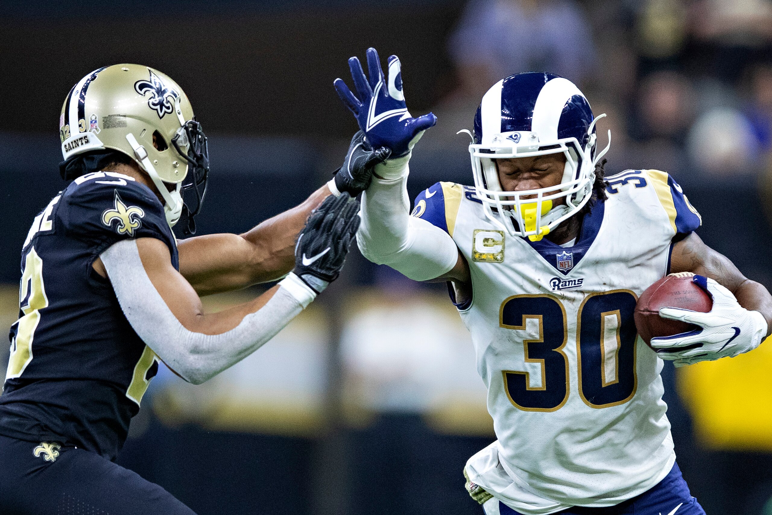 NEW ORLEANS, LA - NOVEMBER 4: Todd Gurley II #30 of the Los Angeles Rams runs the ball during a game against the New Orleans Saints at Mercedes-Benz Superdome on November 4, 2018 in New Orleans, Louisiana. The Saints defeated the Rams 45-35. (Photo by NEW ORLEANS, LA - NOVEMBER 4: Todd Gurley II #30 of the Los Angeles Rams runs the ball during a game against the New Orleans Saints at Mercedes-Benz Superdome on November 4, 2018 in New Orleans, Louisiana. The Saints defeated the Rams 45-35. (Photo by