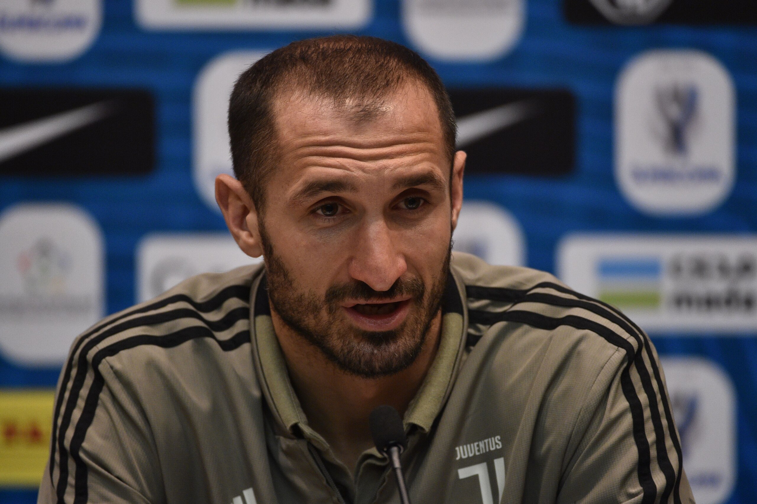 Juventus' Italian defender Giorgio Chiellini takes part in press conference at the King Abdullah Sports City Stadium in Jeddah on January 15, 2019, a day before the Supercoppa Italiana final against Milan. (Photo by Fayez Nureldine / AFP)        (Photo cr