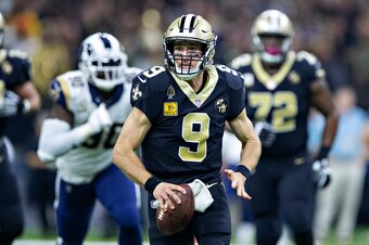 NEW ORLEANS, LA - NOVEMBER 4:  Drew Brees #9 of the New Orleans Saints runs the ball during a game against the Los Angeles Rams at Mercedes-Benz Superdome on November 4, 2018 in New Orleans, Louisiana.  The Saints defeated the Rams 45-35.  (Photo by Wesle