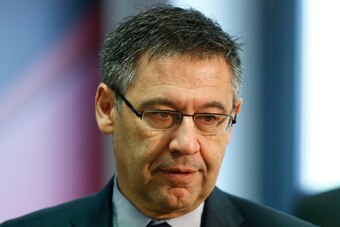 FC Barcelona´s president Josep Maria Bartomeu attends a press conference by Barcelona's Spanish midfielder Andres Iniesta at the Joan Gamper Sports Center in Sant Joan Despi, near Barcelona, on April 27, 2018. - Iniesta confirmed that he will leave Barcel