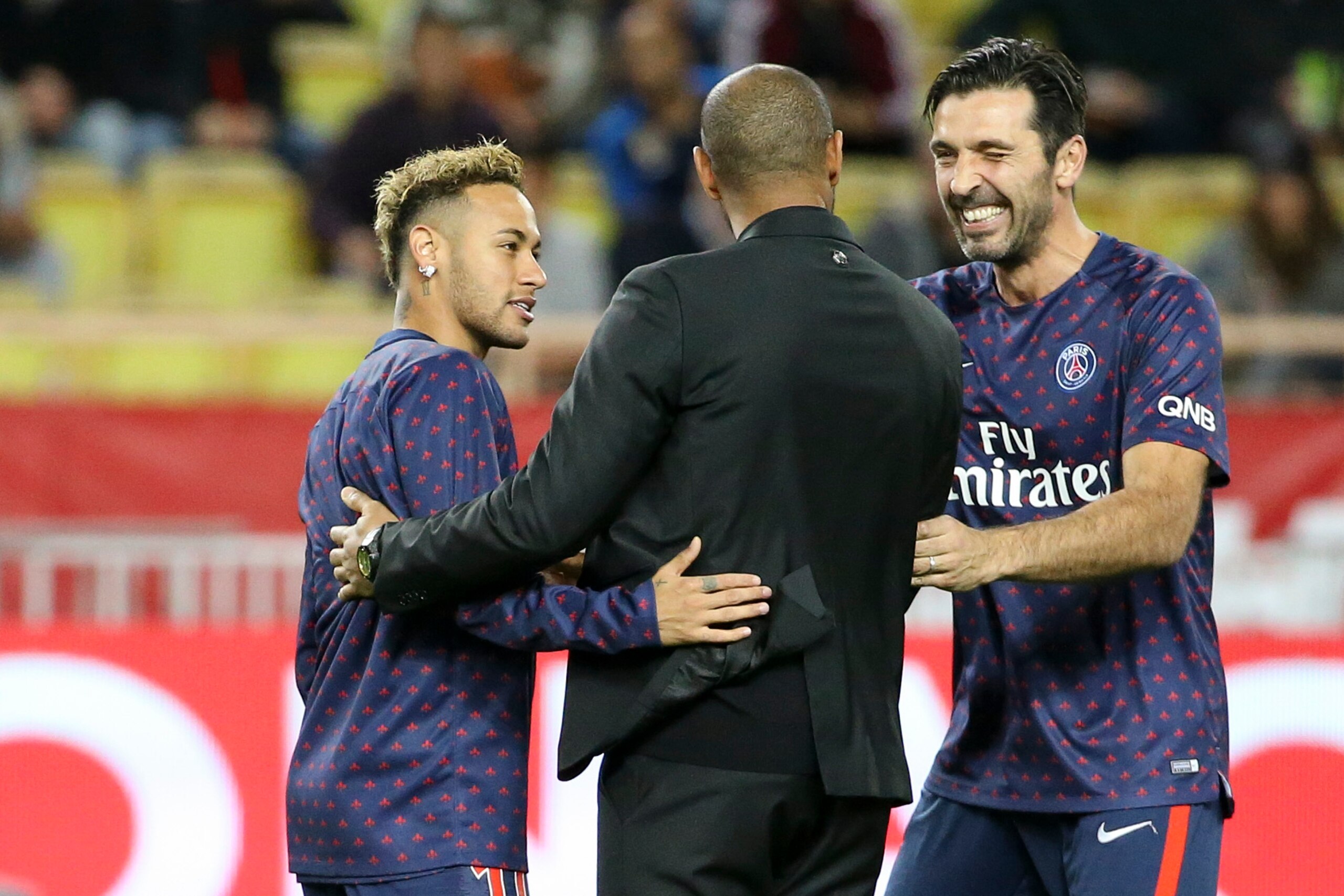 MONACO, MONACO - NOVEMBER 11: Neymar Jr of PSG, coach of Monaco Thierry Henry, goalkeeper of PSG Gianluigi Buffon before the french Ligue 1 match between AS Monaco and Paris Saint-Germain (PSG) at Stade Louis II on November 11, 2018 in Monaco, Monaco. (Ph