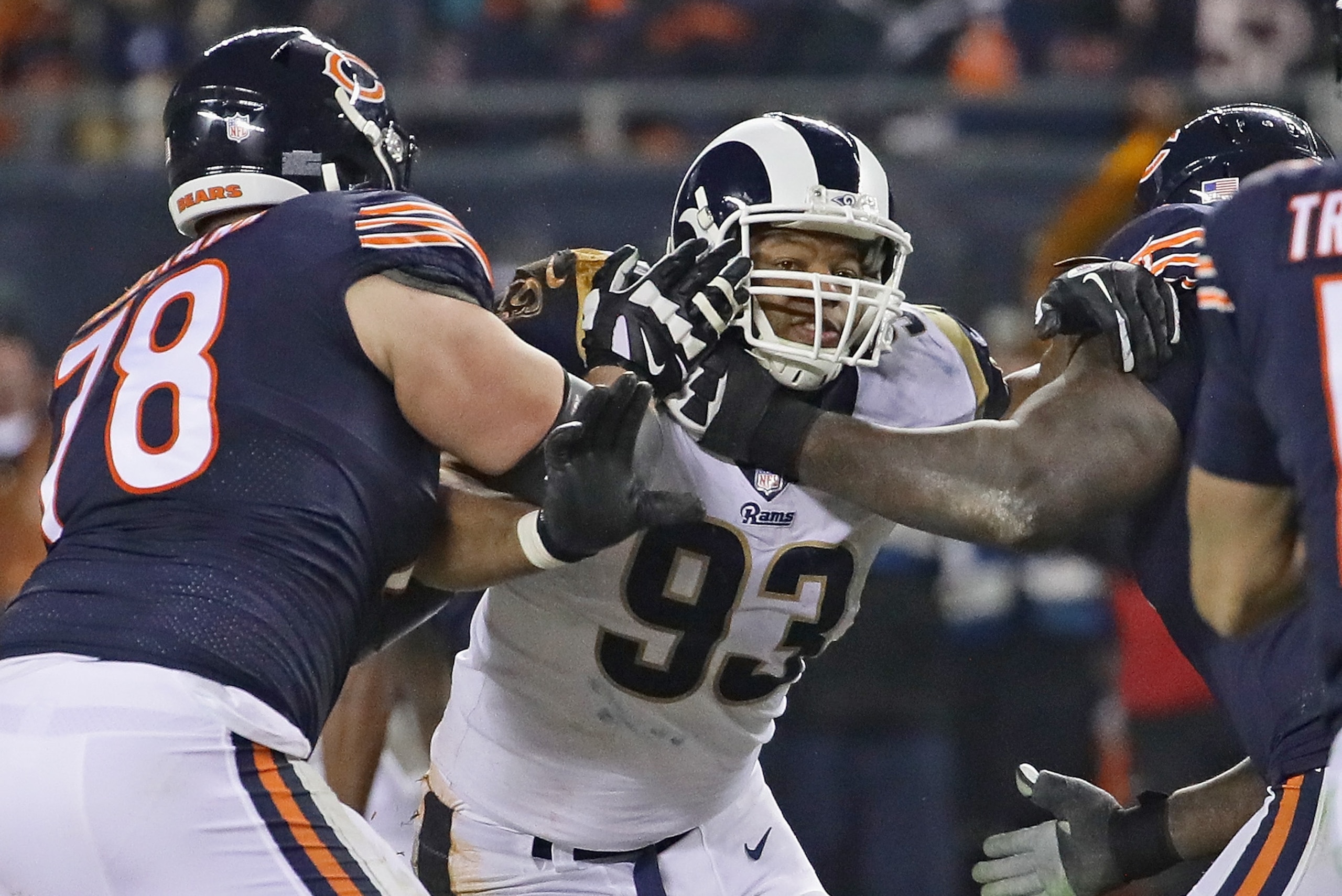 CHICAGO, IL - DECEMBER 09: Ndamukong Suh #93 of the Los Angeles Rams rushes against Bryan Witzmann #78 and James Daniels #68 of the Chicago Bears at Soldier Field on December 9, 2018 in Chicago, Illinois. The Bears defeated the Rams 15-6. (Photo by Jona CHICAGO, IL - DECEMBER 09: Ndamukong Suh #93 of the Los Angeles Rams rushes against Bryan Witzmann #78 and James Daniels #68 of the Chicago Bears at Soldier Field on December 9, 2018 in Chicago, Illinois. The Bears defeated the Rams 15-6. (Photo by Jona