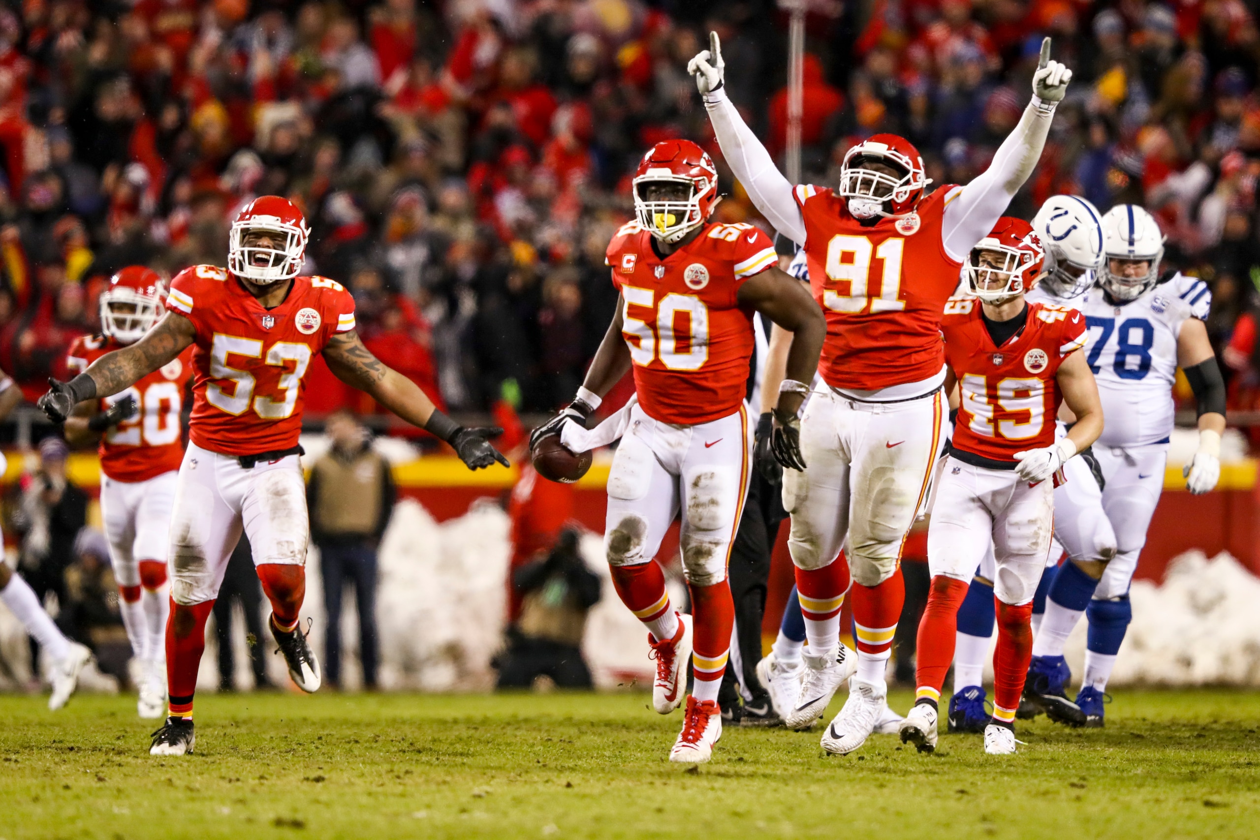 KANSAS CITY, MO - JANUARY 12: Justin Houston #50 of the Kansas City Chiefs celebrates after recovering a fumble against the Indianapolis Colts during the third quarter of the AFC Divisional Round playoff game at Arrowhead Stadium on January 12, 2019 in Ka