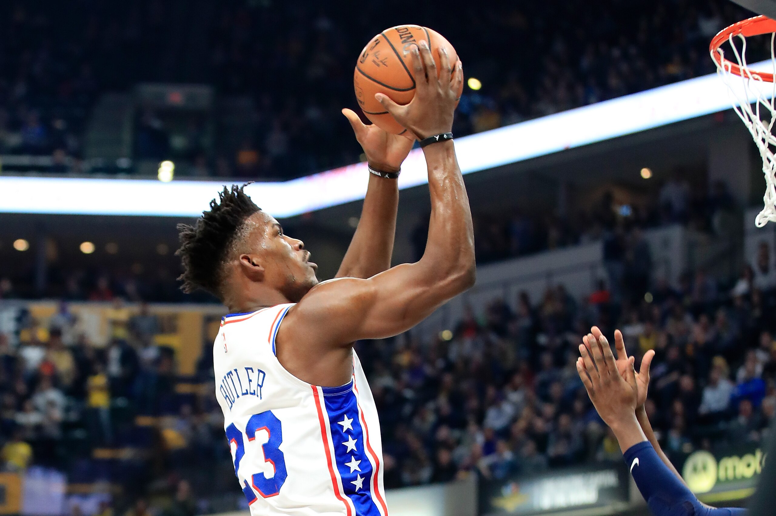 INDIANAPOLIS, IN - JANUARY 17: Jimmy Butler #23 of the Philadelphia 76ers shoots the ball against the Indiana Pacers at Bankers Life Fieldhouse on January 17, 2019 in Indianapolis, Indiana. NOTE TO USER: User expressly acknowledges and agrees that, by INDIANAPOLIS, IN - JANUARY 17: Jimmy Butler #23 of the Philadelphia 76ers shoots the ball against the Indiana Pacers at Bankers Life Fieldhouse on January 17, 2019 in Indianapolis, Indiana. NOTE TO USER: User expressly acknowledges and agrees that, by