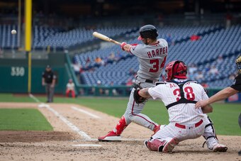 PHILADELPHIA, PA - SEPTEMBER 11: Bryce Harper #34 of the Washington Nationals hits an RBI single in the top of the fifth inning against the Philadelphia Phillies in game one of the doubleheader at Citizens Bank Park on September 11, 2018 in Philadelphia, 