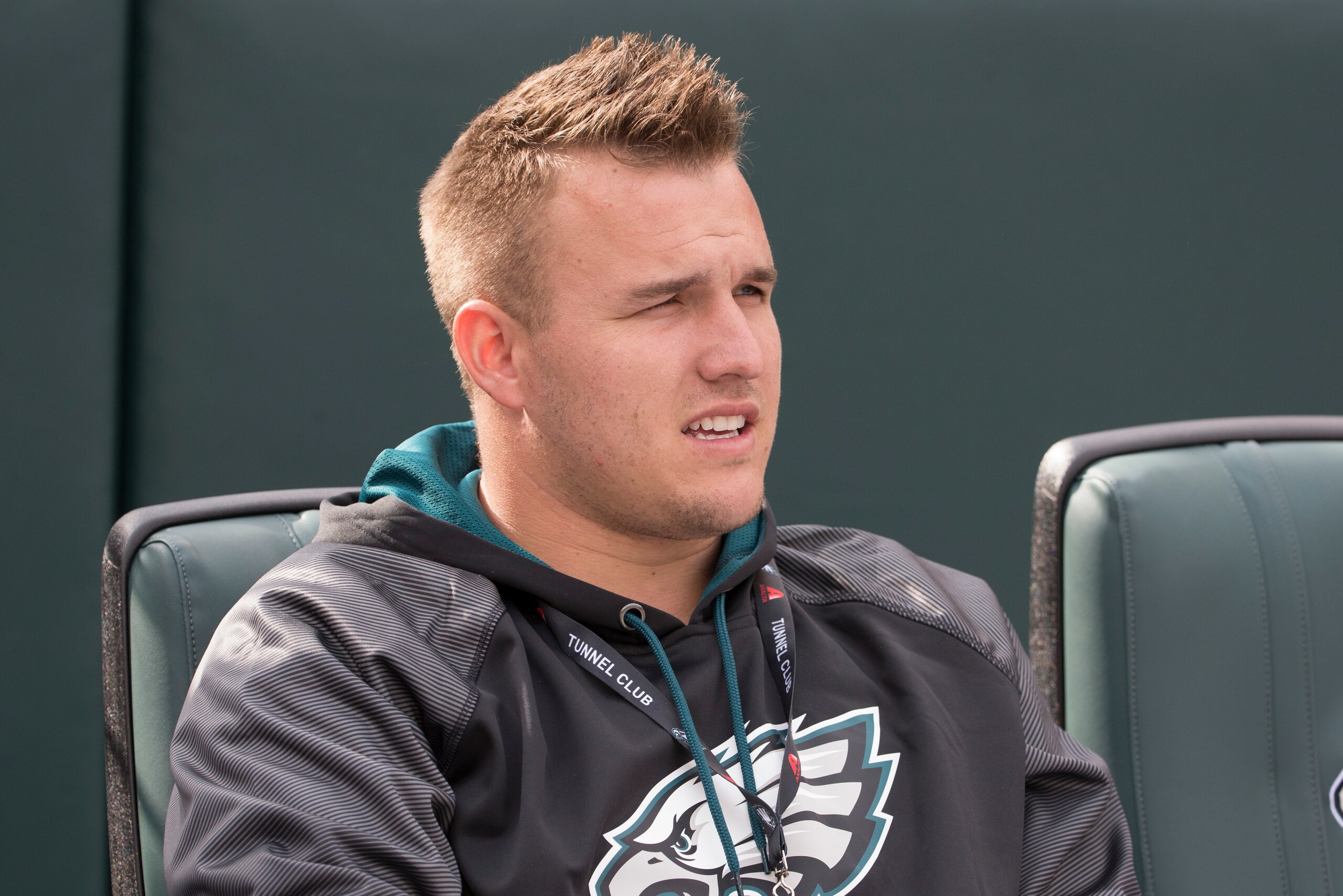 PHILADELPHIA, PA - OCTOBER 23: Mike Trout #27 Los Angeles Angels of Anaheim watches the game between the Minnesota Vikings and Philadelphia Eagles at Lincoln Financial Field on October 23, 2016 in Philadelphia, Pennsylvania. The Eagles defeated the Viking