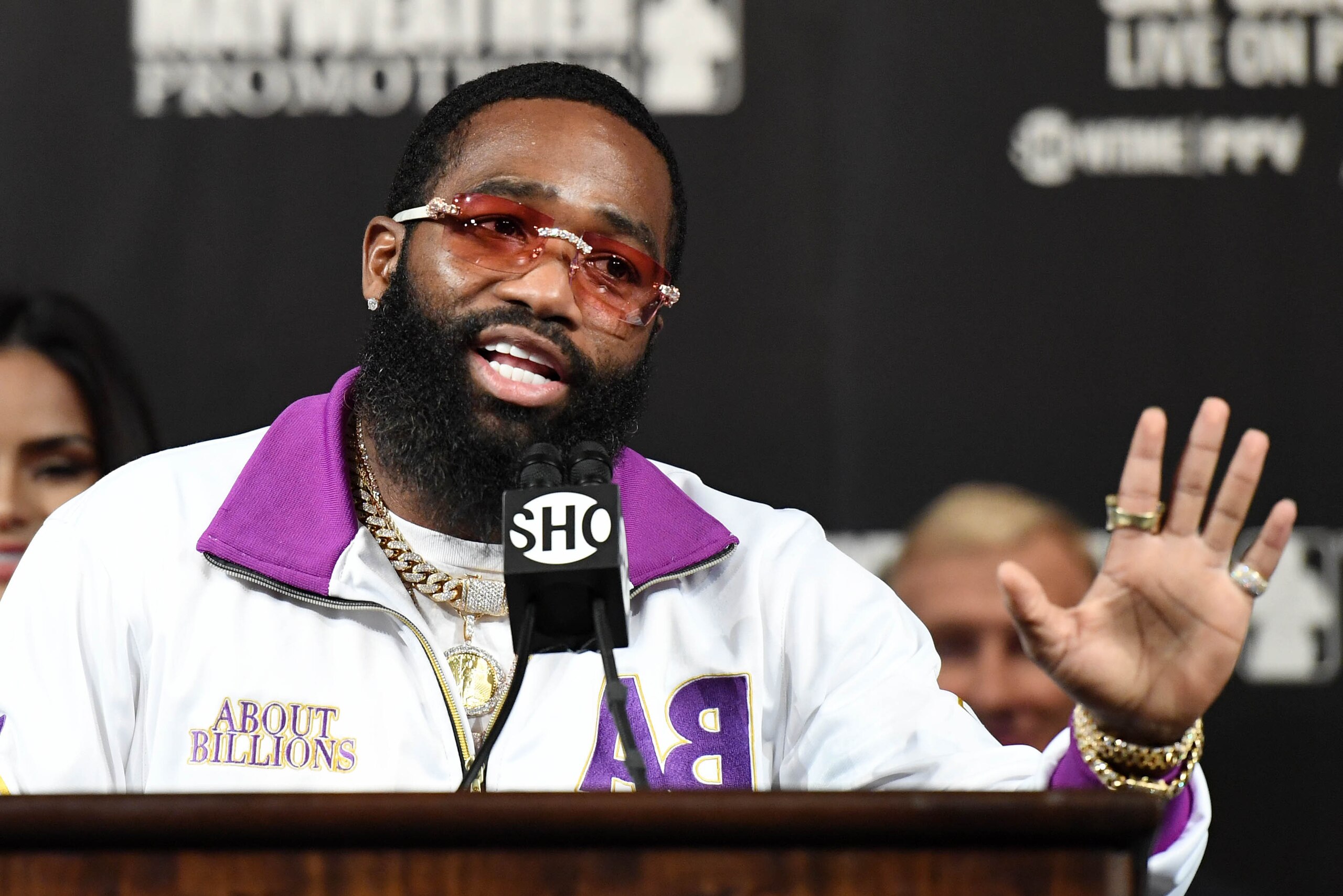 LAS VEGAS, NEVADA - JANUARY 16: Adrien Broner speaks during a news conference at MGM Grand Hotel & Casino on January 16, 2019 in Las Vegas, Nevada. Broner will challenge WBA welterweight champion Manny Pacquiao for his title on January 19 at MGM Grand Ga LAS VEGAS, NEVADA - JANUARY 16: Adrien Broner speaks during a news conference at MGM Grand Hotel & Casino on January 16, 2019 in Las Vegas, Nevada. Broner will challenge WBA welterweight champion Manny Pacquiao for his title on January 19 at MGM Grand Ga