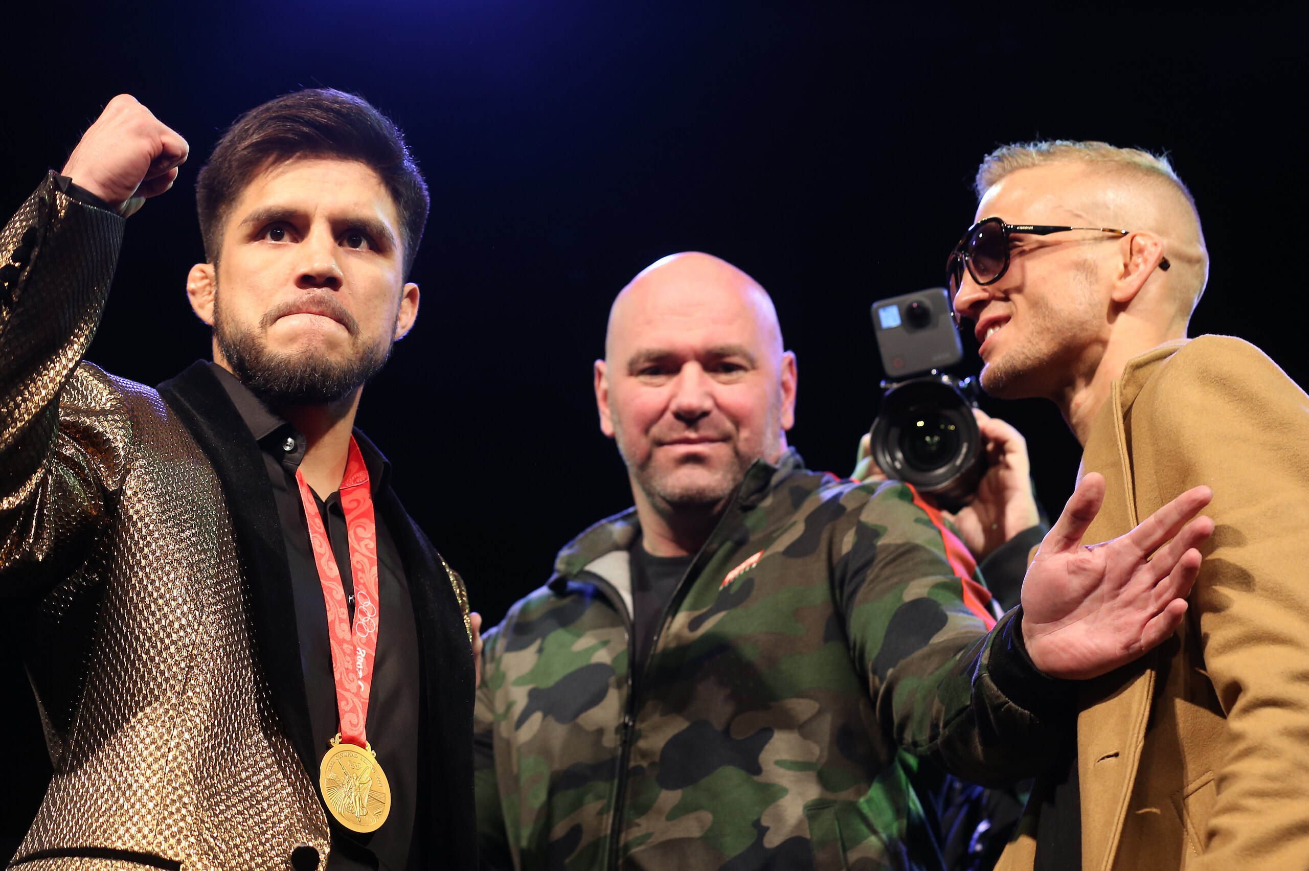 NEW YORK, NEW YORK - JANUARY 17: Henry Cejudo and TJ Dillashaw face off during the press conference ahead of UFC Fight Night Cejudo v Dillashaw at the Music Hall of Williamsburg on January 17, 2019 in the Brooklyn borough of New York City. (Photo by Micha