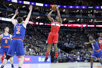 LONDON, ENGLAND - JANUARY 17: Bradley Beal #3 of the Washington Wizards shoots the ball against the New York Knicks during the 2019 NBA London Game on January 17, 2019 at The O2 Arena in London, England. NOTE TO USER: User expressly acknowledges and agree