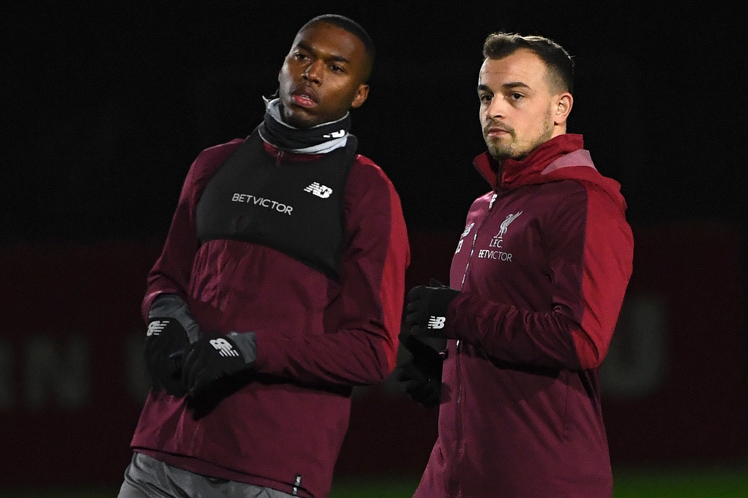Liverpool's English striker Daniel Sturridge (L) and Liverpool's Swiss midfielder Xherdan Shaqiri attends a Liverpool team training session at Melwood in Liverpool, north west England on December 10, 2018, on the eve of their UEFA Champions League group C Liverpool's English striker Daniel Sturridge (L) and Liverpool's Swiss midfielder Xherdan Shaqiri attends a Liverpool team training session at Melwood in Liverpool, north west England on December 10, 2018, on the eve of their UEFA Champions League group C