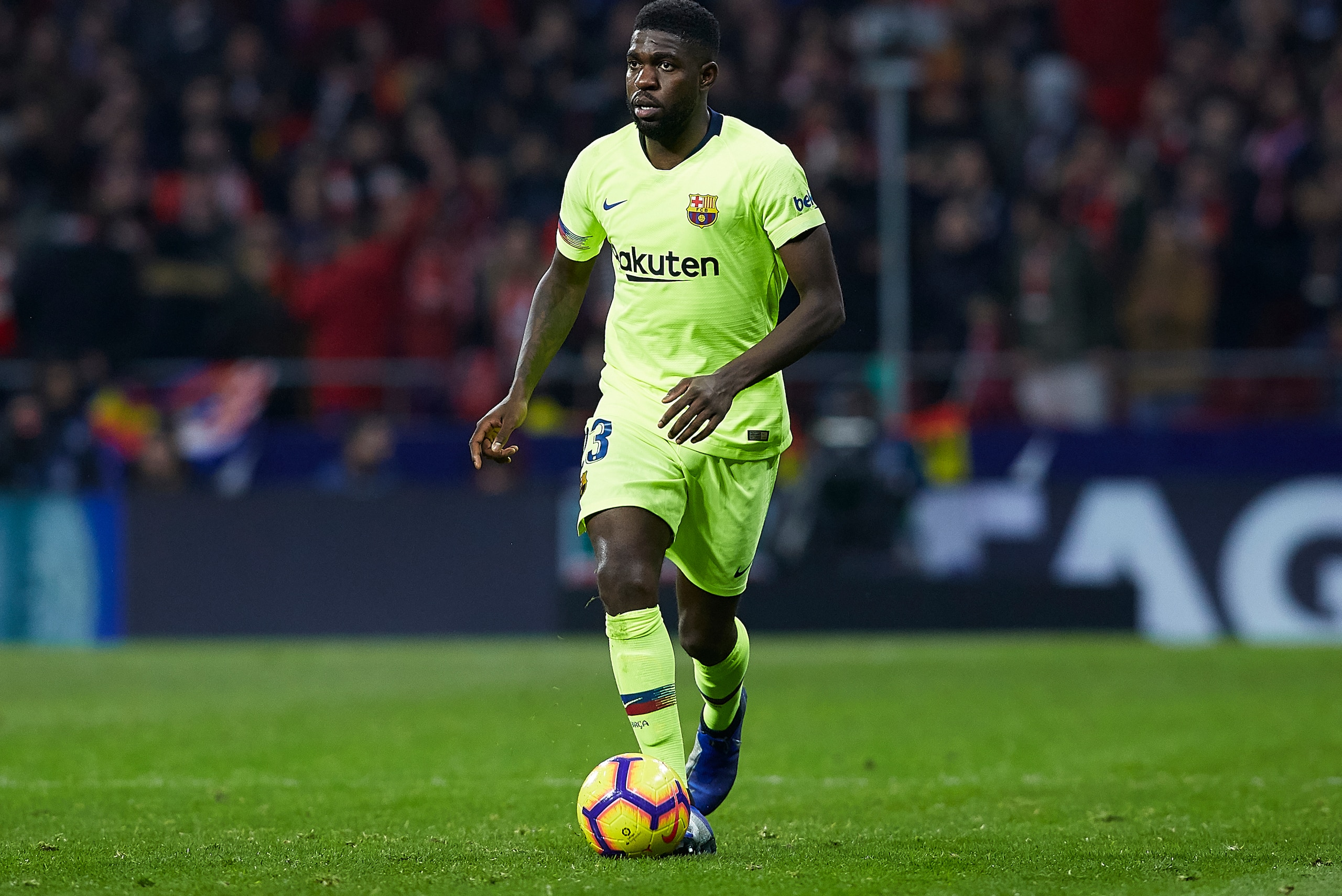 MADRID, SPAIN - NOVEMBER 24:  Samuel Umtiti of FC Barcelona in action during the La Liga match between Club Atletico de Madrid and FC Barcelona at Wanda Metropolitano on November 24, 2018 in Madrid, Spain.  (Photo by Quality Sport Images/Getty Images)