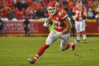 KANSAS CITY, MO - JANUARY 12: Tght end Travis Kelce #87 of the Kansas City Chiefs turns up field after catching a pass during the second half of the AFC Divisional Round playoff game against the Indianapolis Colts at Arrowhead Stadium on January 12, 2019 