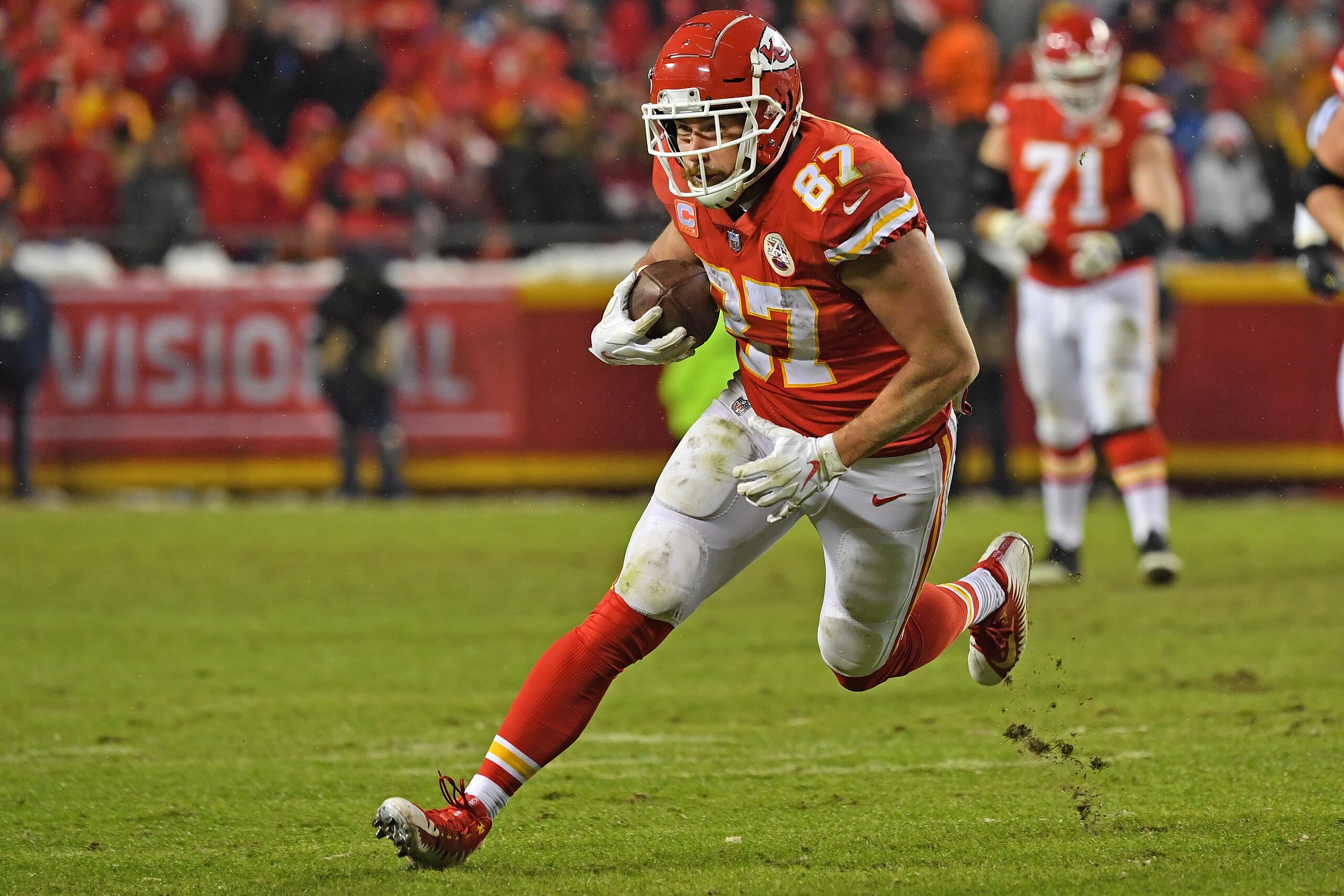 KANSAS CITY, MO - JANUARY 12: Tght end Travis Kelce #87 of the Kansas City Chiefs turns up field after catching a pass during the second half of the AFC Divisional Round playoff game against the Indianapolis Colts at Arrowhead Stadium on January 12, 2019 KANSAS CITY, MO - JANUARY 12: Tght end Travis Kelce #87 of the Kansas City Chiefs turns up field after catching a pass during the second half of the AFC Divisional Round playoff game against the Indianapolis Colts at Arrowhead Stadium on January 12, 2019